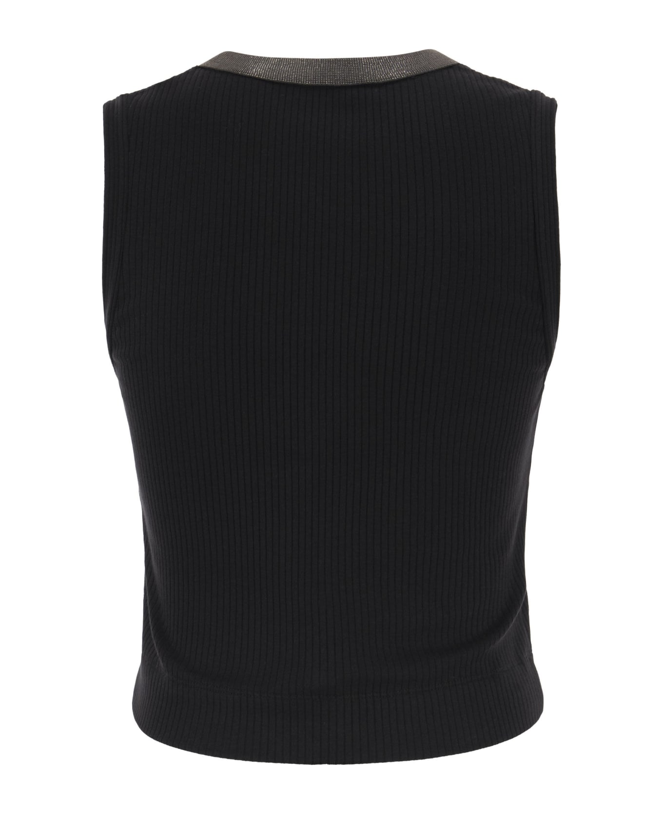 Brunello Cucinelli Stretch Cotton Rib Jersey Top With Shiny Collar - Black