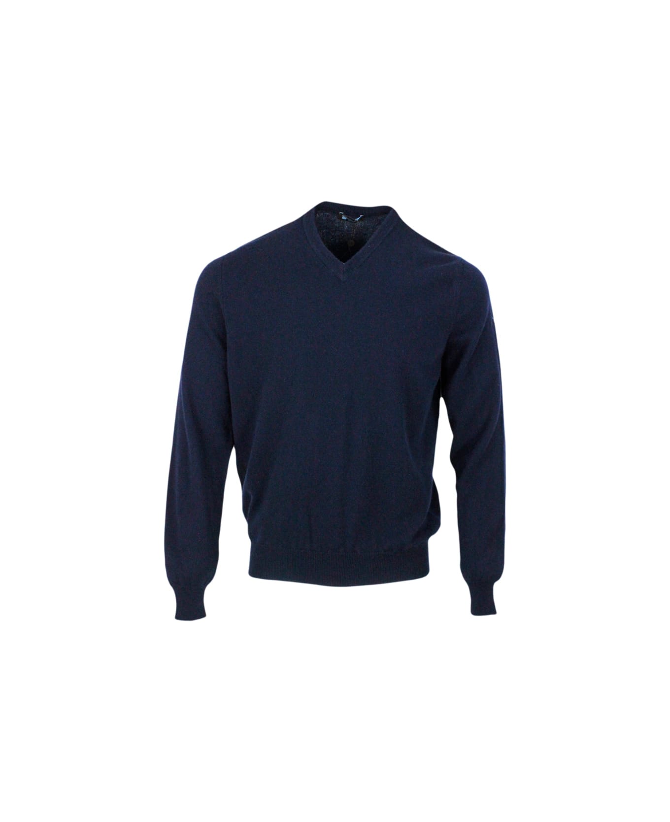 Colombo Long-sleeved V-neck Sweater In Fine 2-ply 100% Kid Cashmere With Special Processing On The Edge Of The Neck - Blu navy