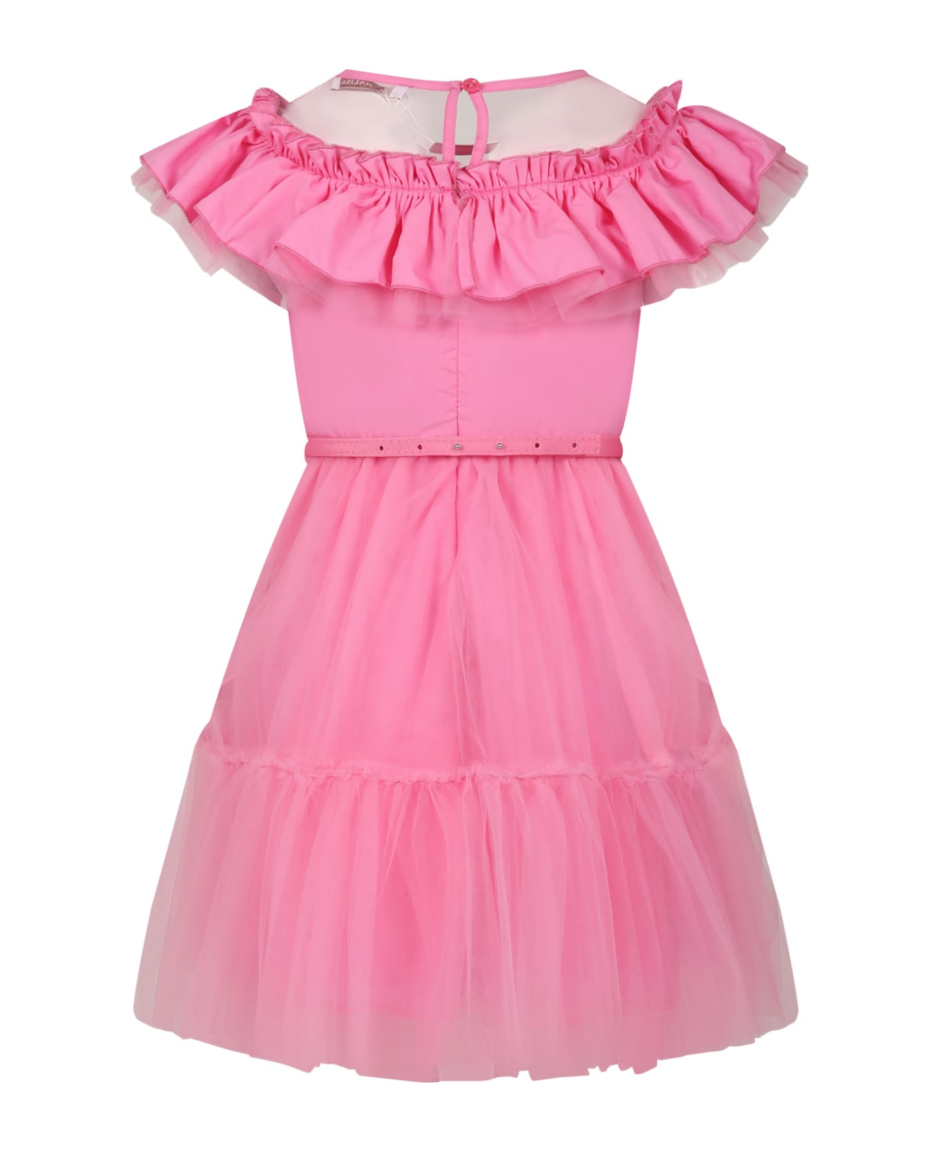 Monnalisa Pink Dress For Girl With Tulle And Ruffles - Pink ワンピース＆ドレス