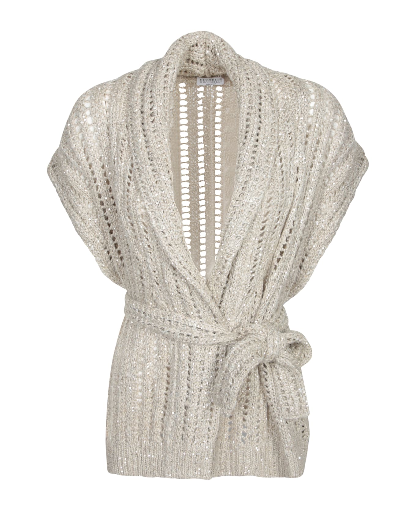 Brunello Cucinelli Crochet Belted Cardigan In Beige - Beige