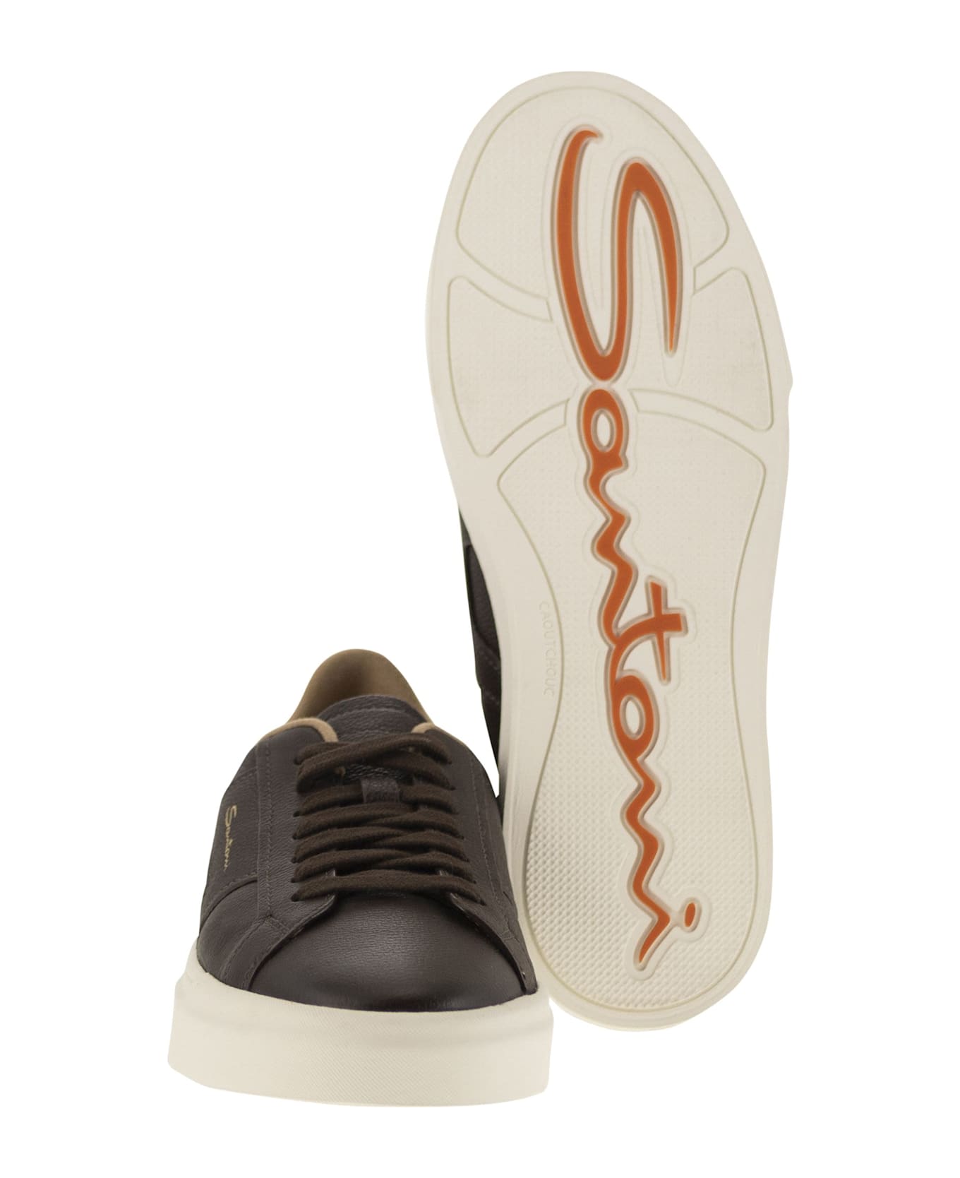 Santoni Tumbled Leather Double Buckle Trainer - Dark Brown