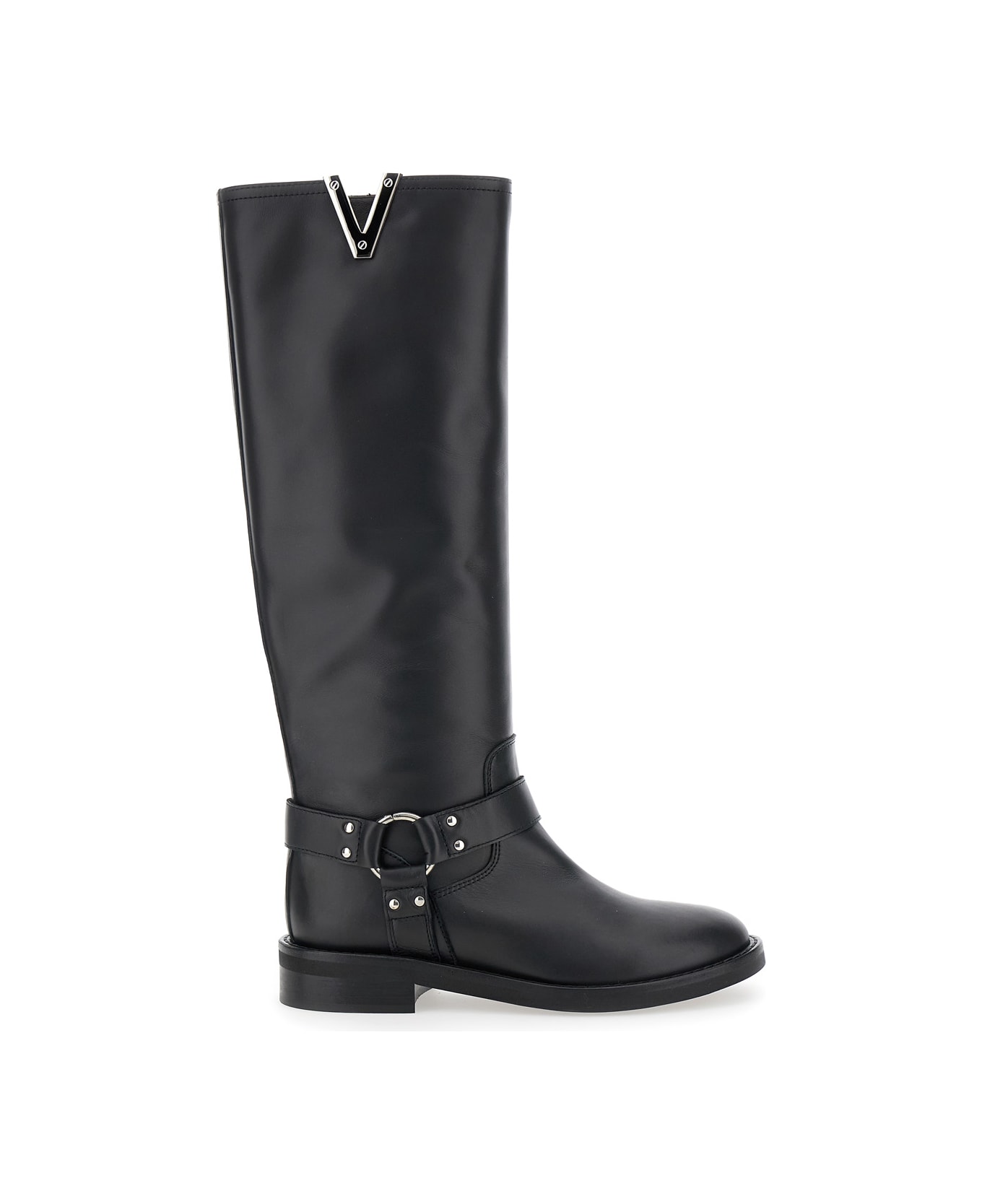 Via Roma 15 Black V-detailed Knee Boots In Leather Woman - Black