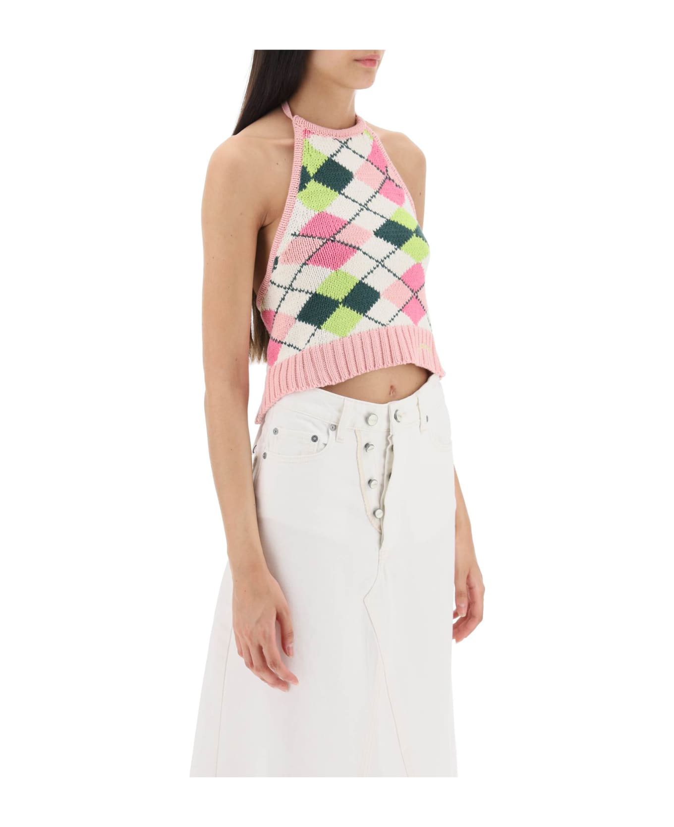 Ganni Knit Cropped Top With Halterneck - MULTICOLOUR (White)