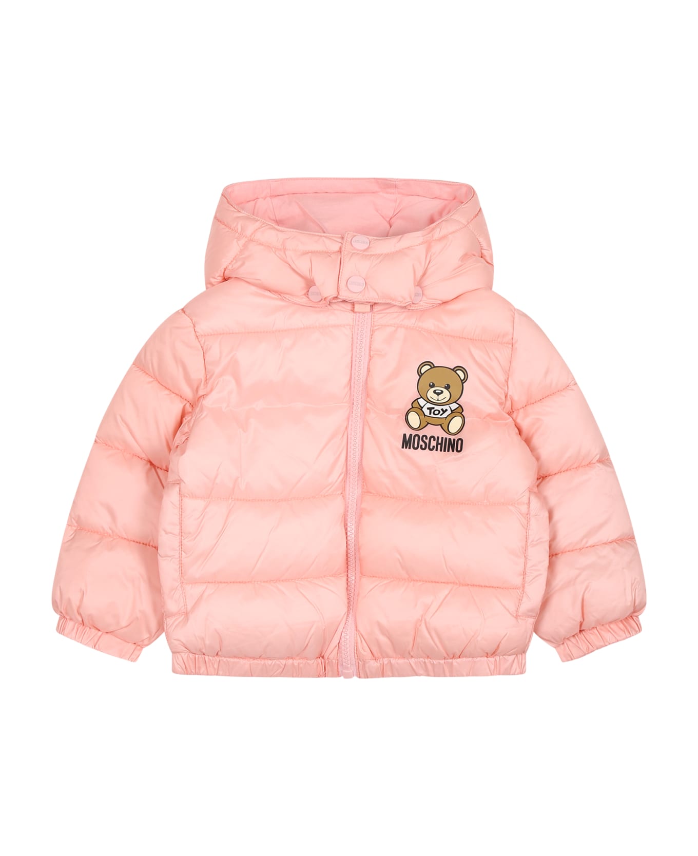 Moschino Pink Down Jacket For Baby Girl With Teddy Bear And Logo - Pink