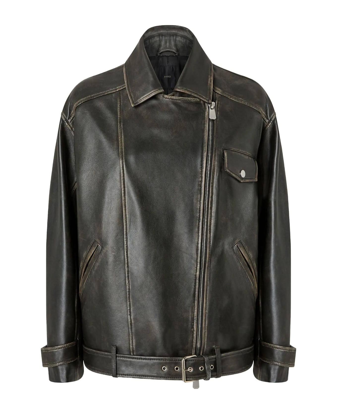 Pinko Zip Up Leather Jacket - Black