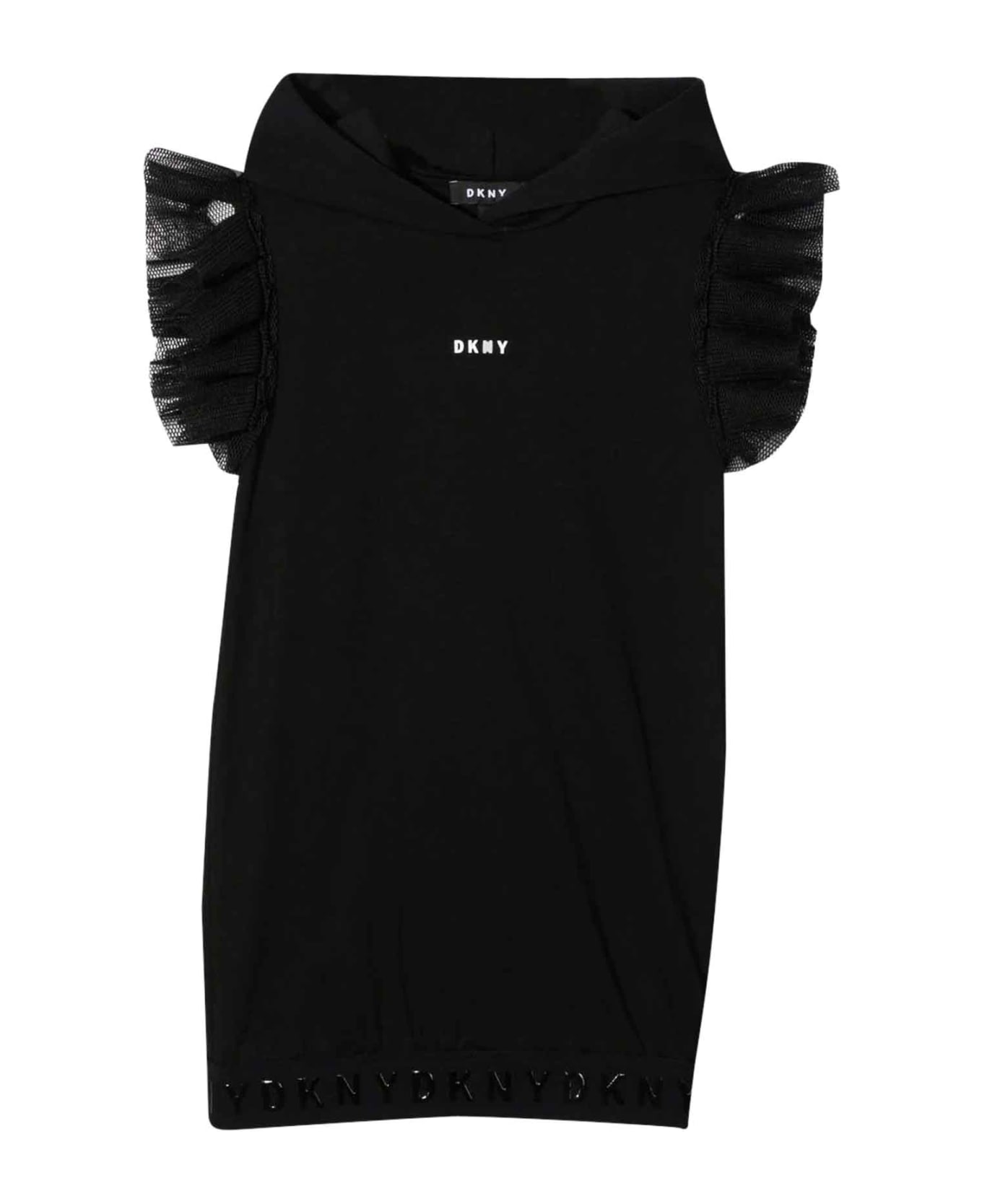 DKNY Black Girl Dress With Rouches - B Nero