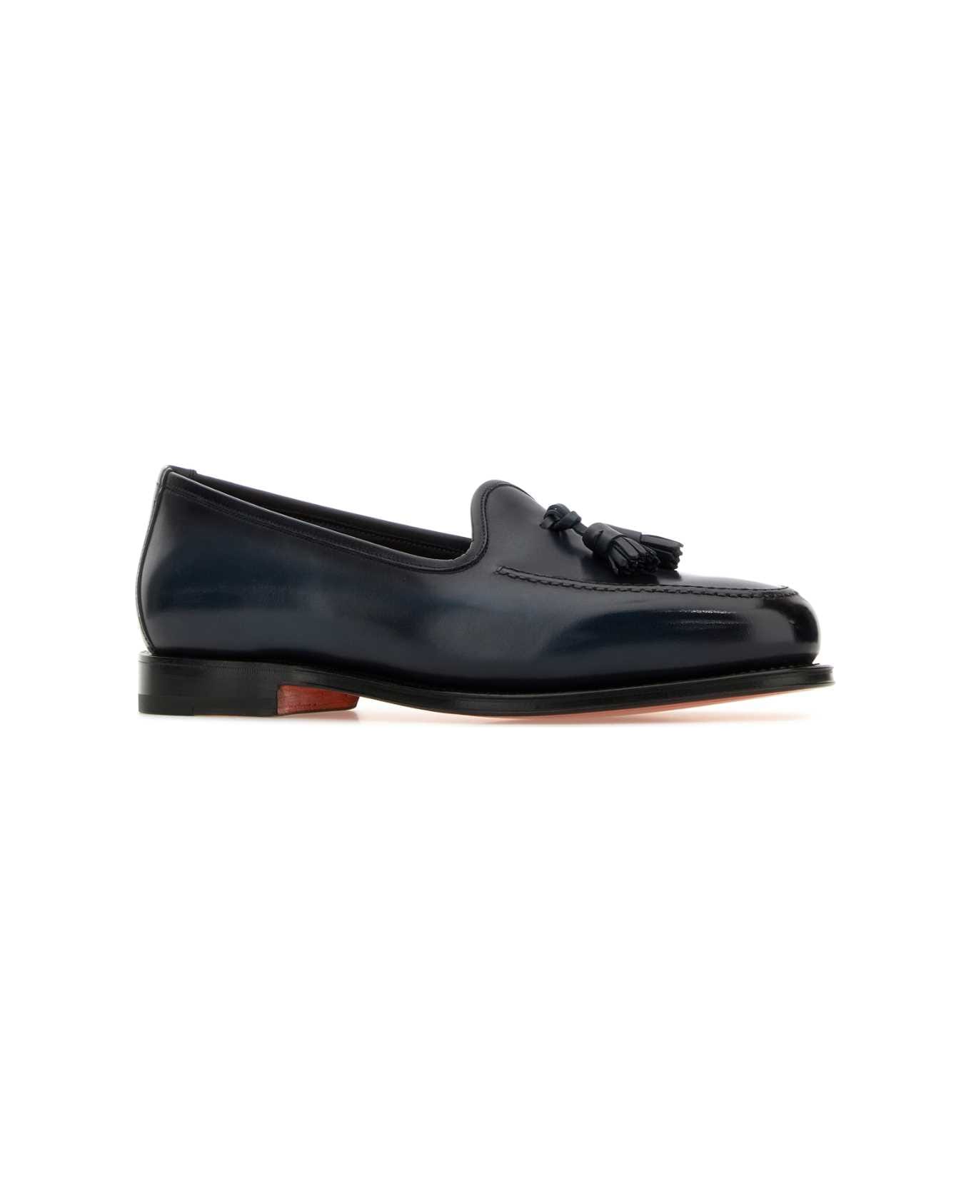 Santoni Dark Blue Leather Andrew Loafers - BLUE