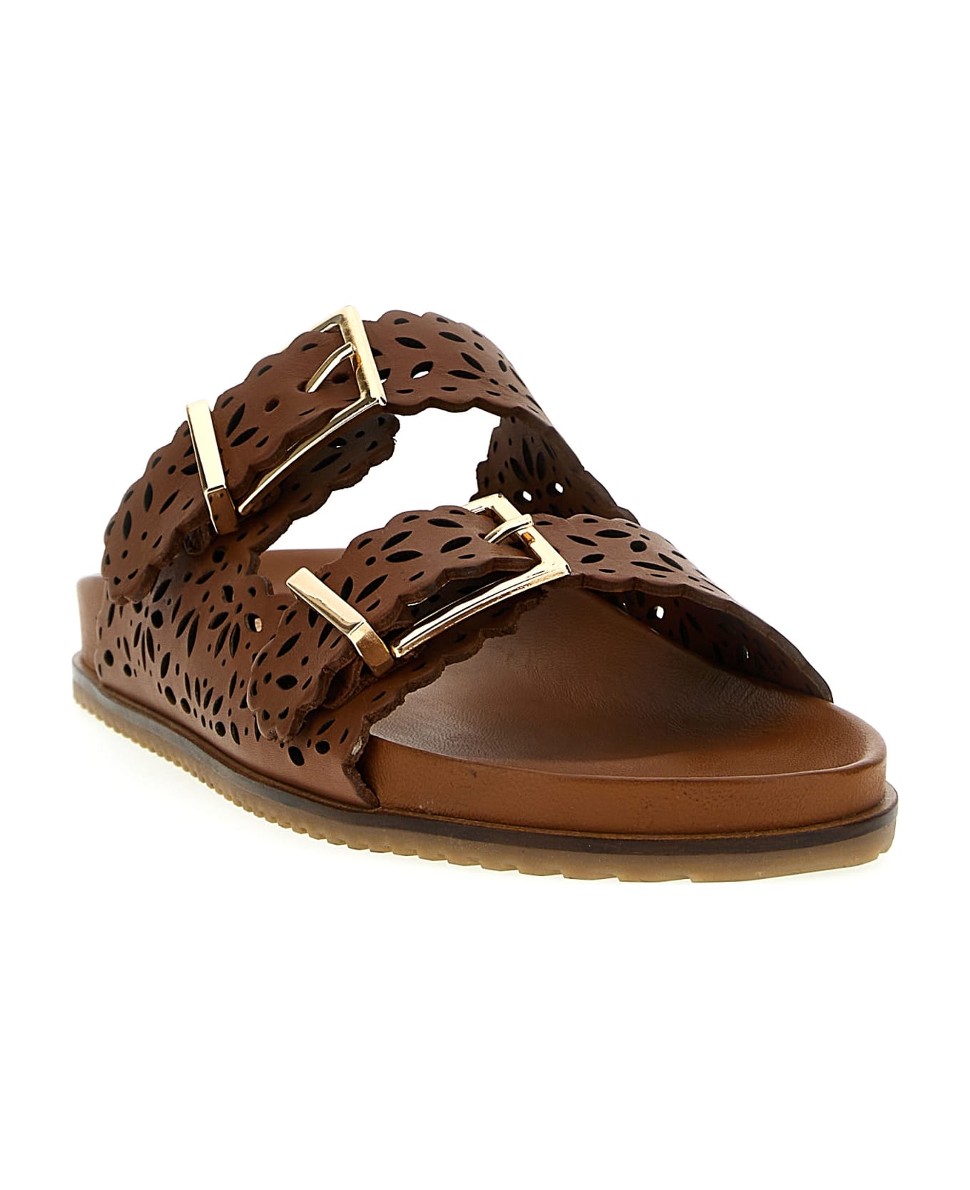 TwinSet Openwork Leather Sandals - Brown サンダル