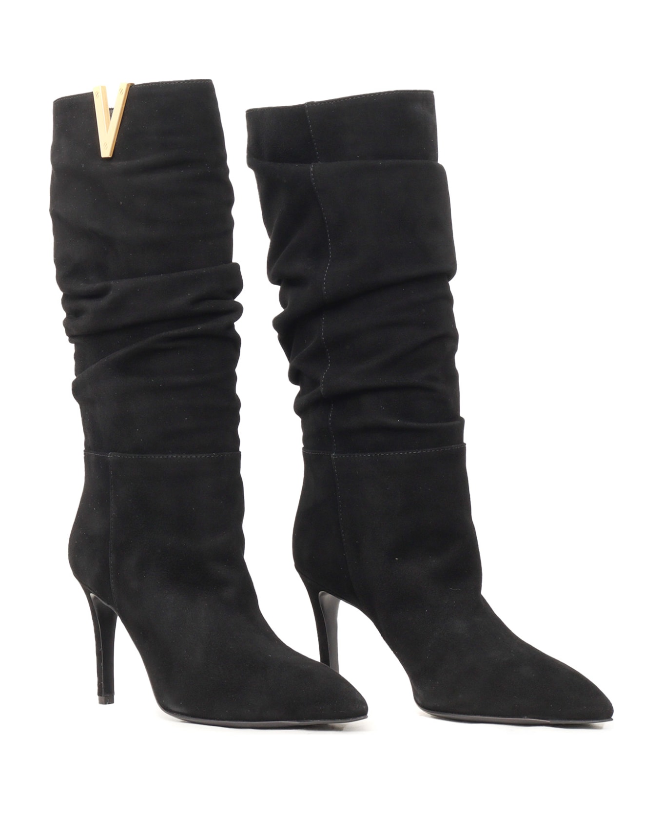 Via Roma 15 Golden V + Stiletto Heel Boots - BLACK