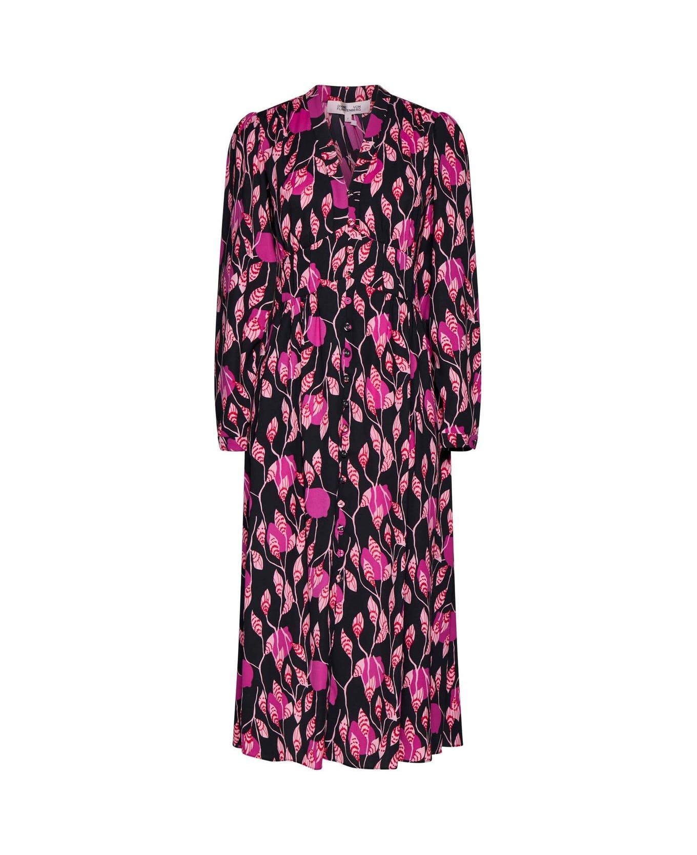 Diane Von Furstenberg Erica Long Sleeve Midi Dress - BLACK/PINK ワンピース＆ドレス