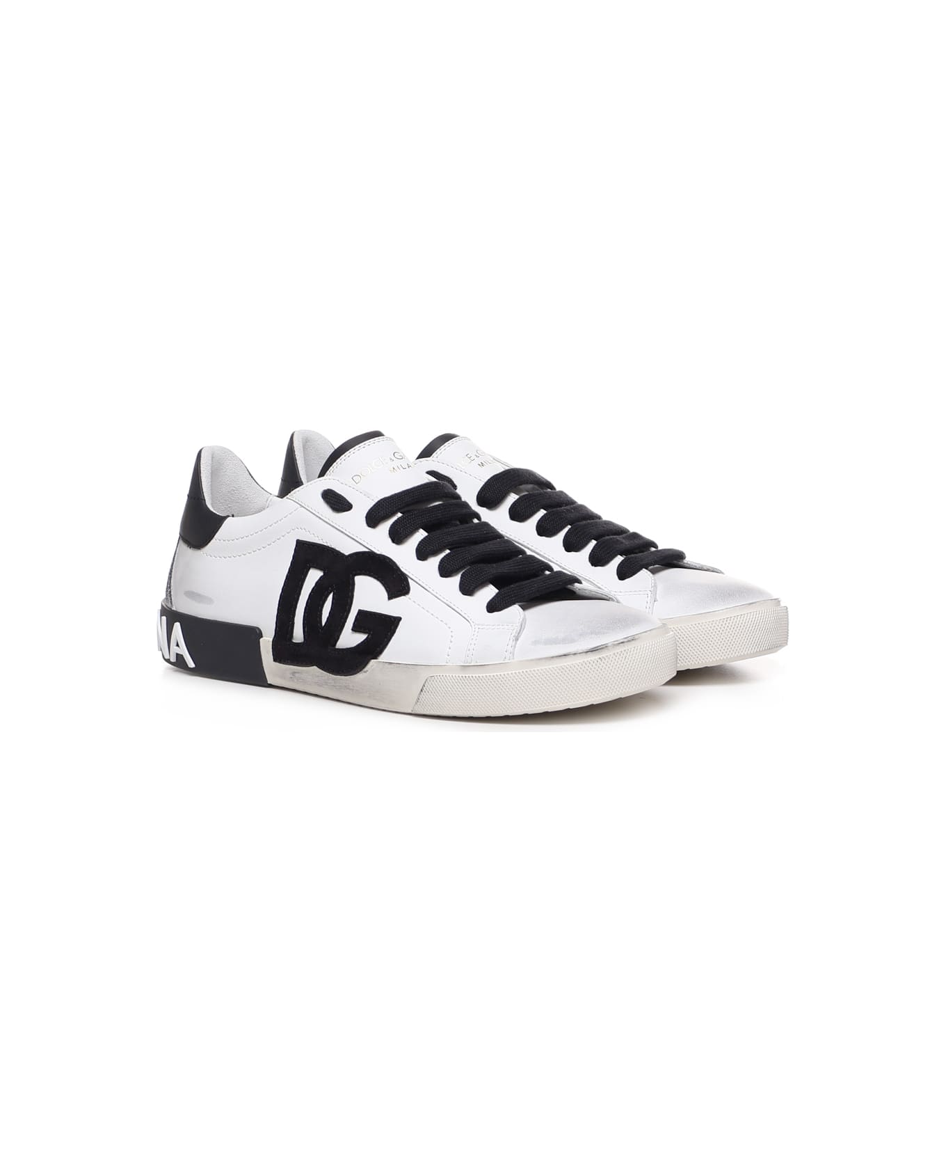 Dolce & Gabbana Portofino Vintage Sneaker In Calf Leather - WHITE, black