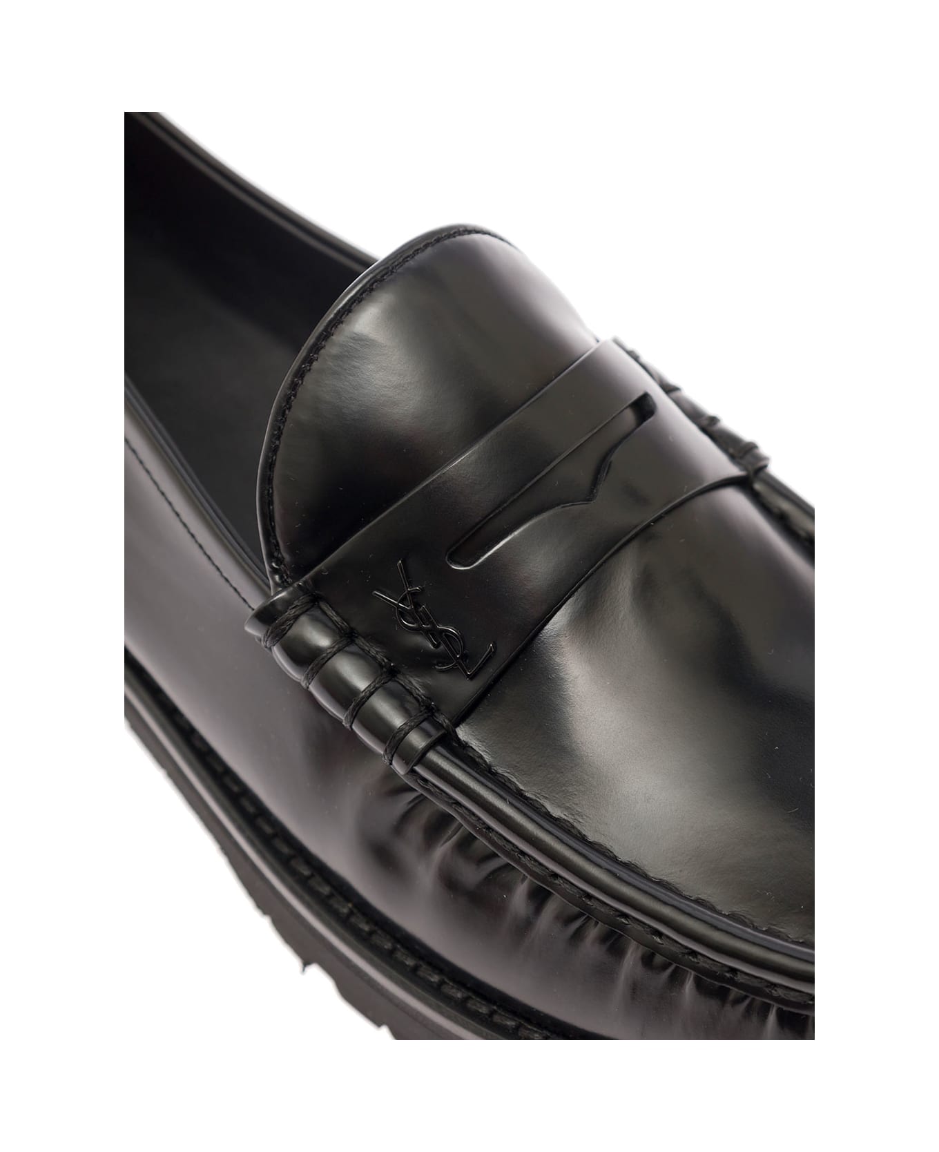 Saint Laurent Black Loafers With Platform And Ysl Logo In Leather Man - Nero
