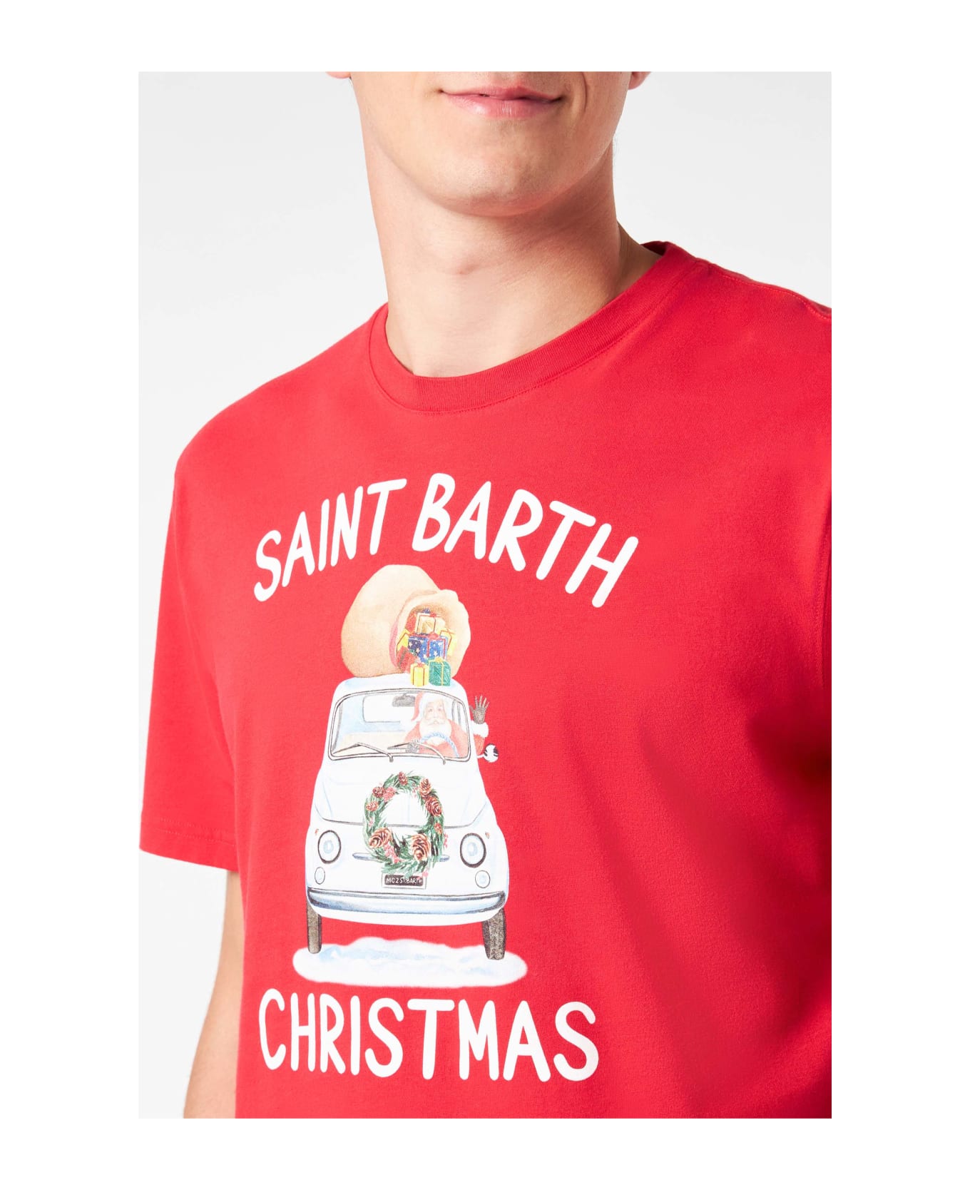 MC2 Saint Barth Man Heavy Cotton T-shirt With Saint Barth Christmas Print - RED