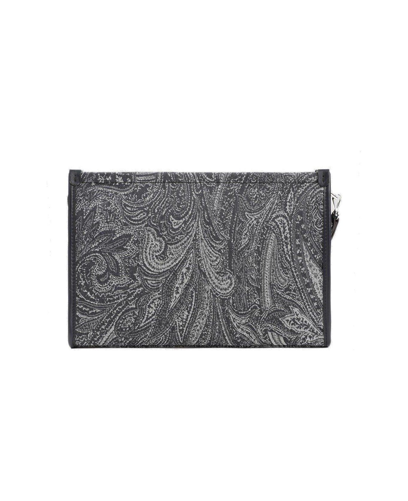 Etro Navy Blue Large Pouch With Paisley Jacquard Motif - Blue バッグ