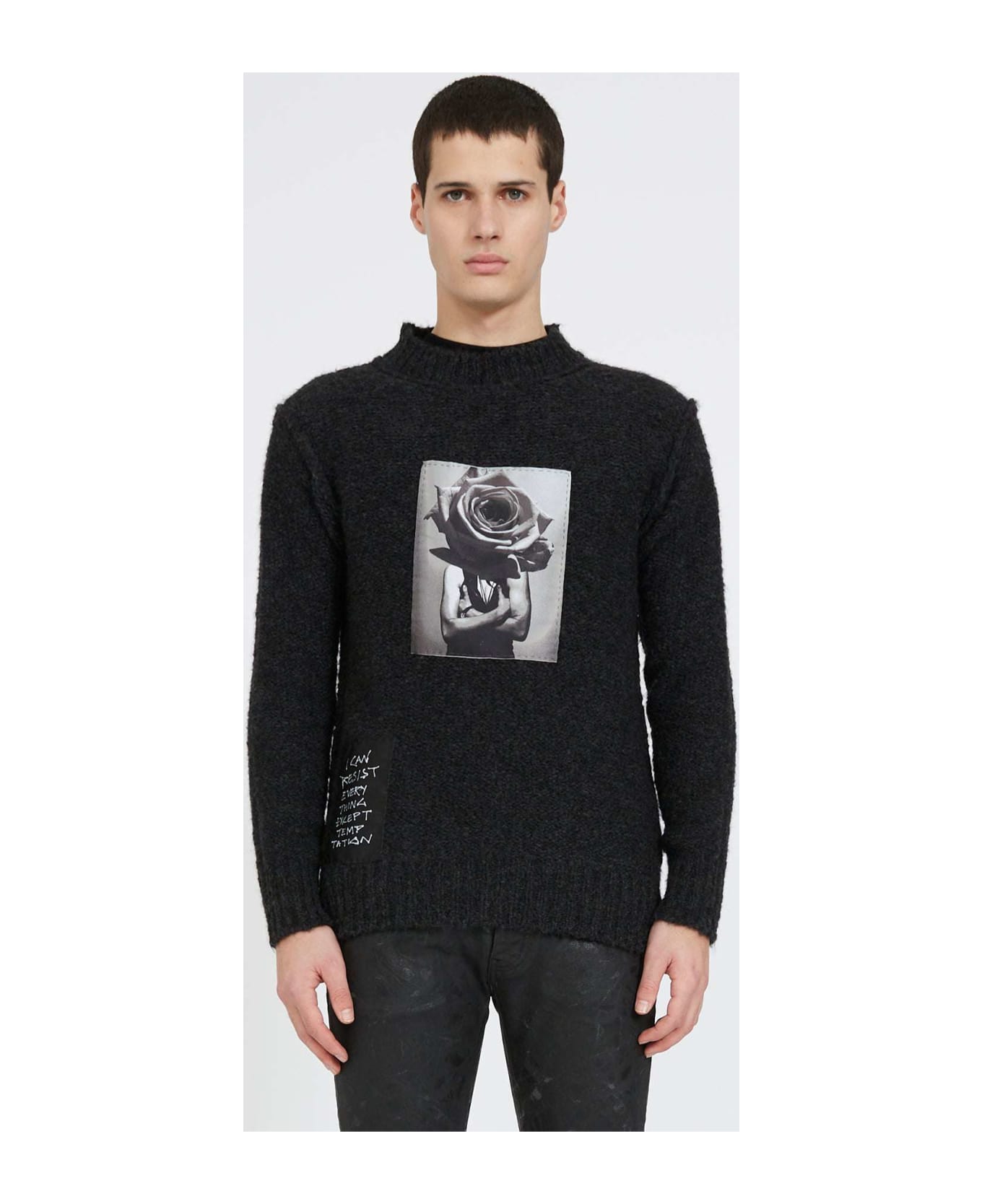 John Richmond Half High-neck Sweater With Front Print. - Nero