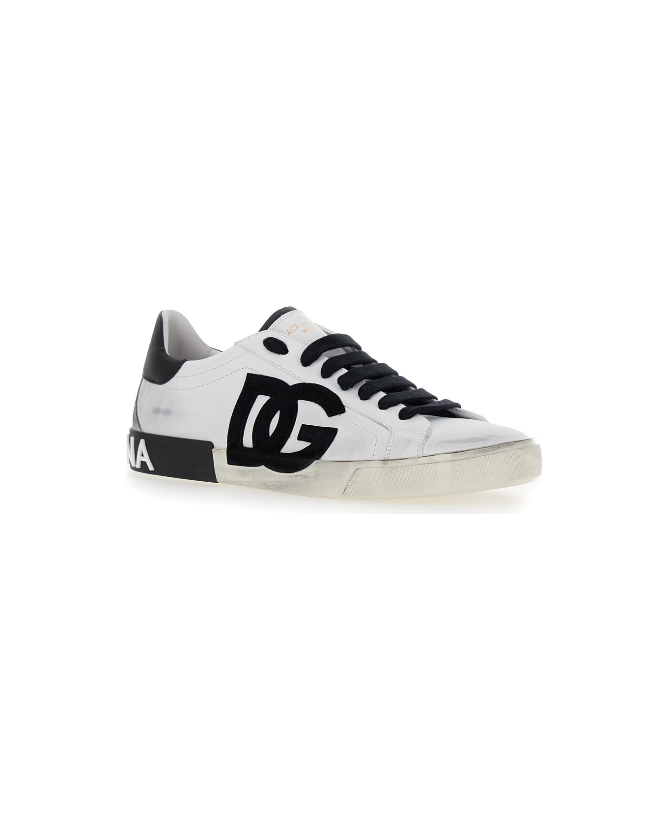 Dolce & Gabbana 'portofino' White And Black Low Top Sneakers With Logo Patch And Used Effect In Leather Man - White