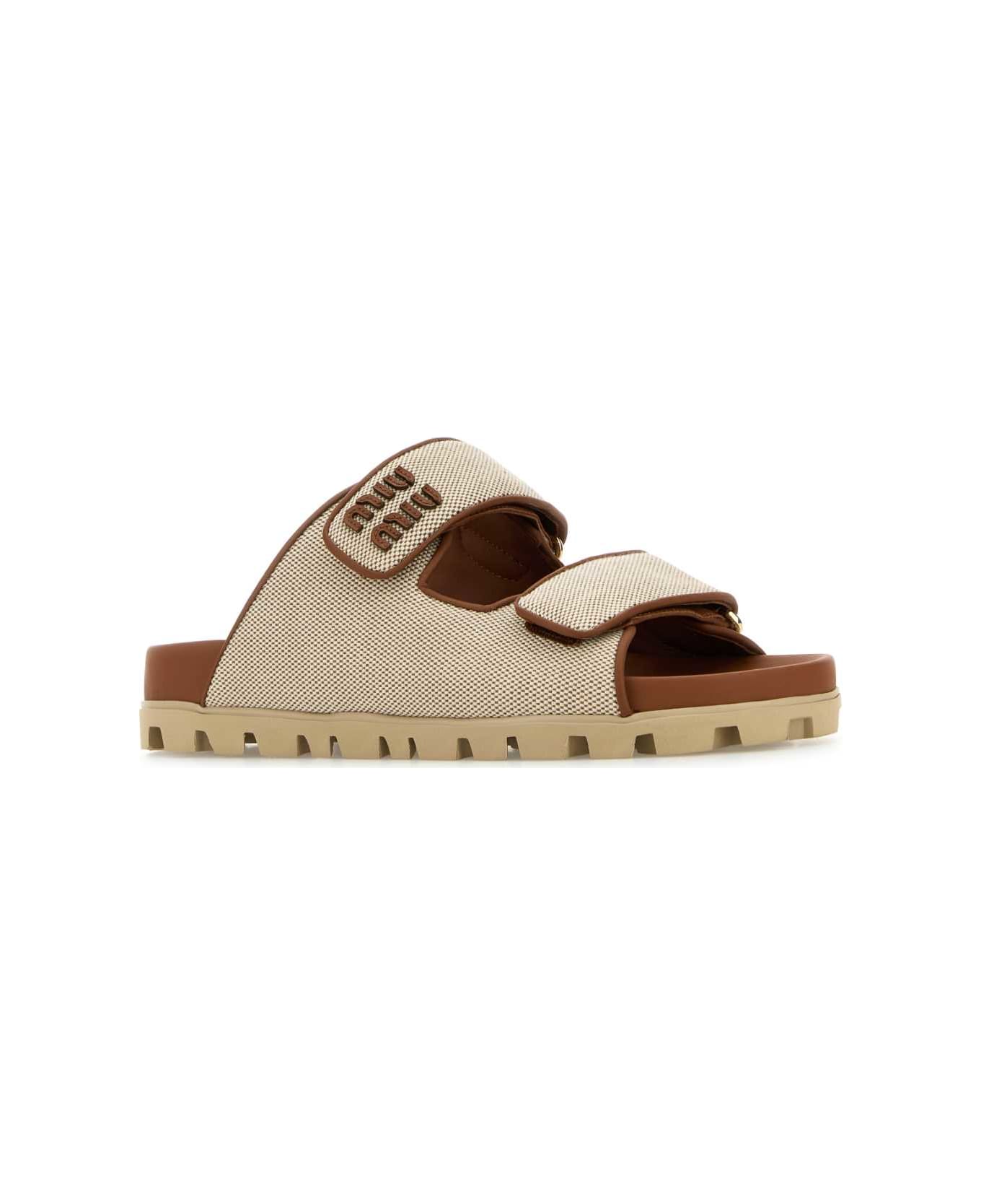 Miu Miu Two-tone Canvas Slippers - NATURALEBRANDY