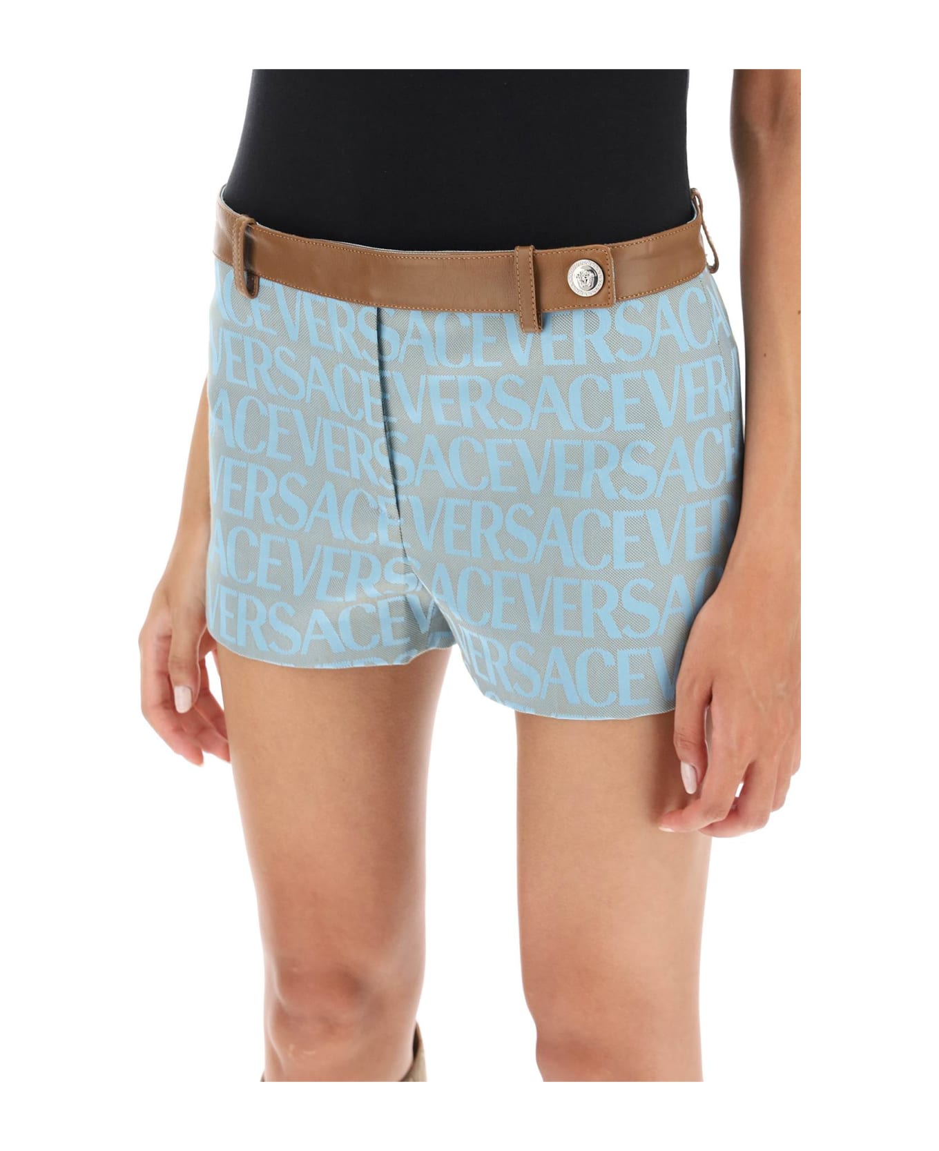 Versace Monogram Shorts With Leather Band - PALE BLUE BEIGE (Light blue)
