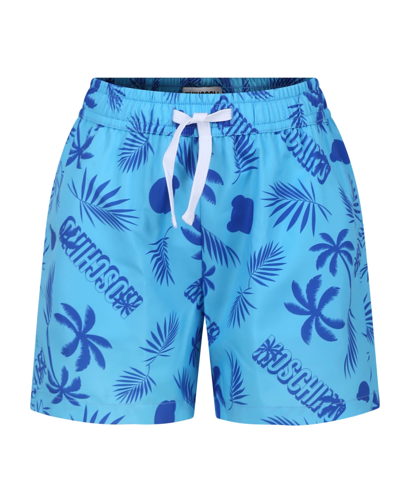 Moschino Light Blue Swim Shorts For Boy With Tropical Pattern And All-over Logo - Light Blue