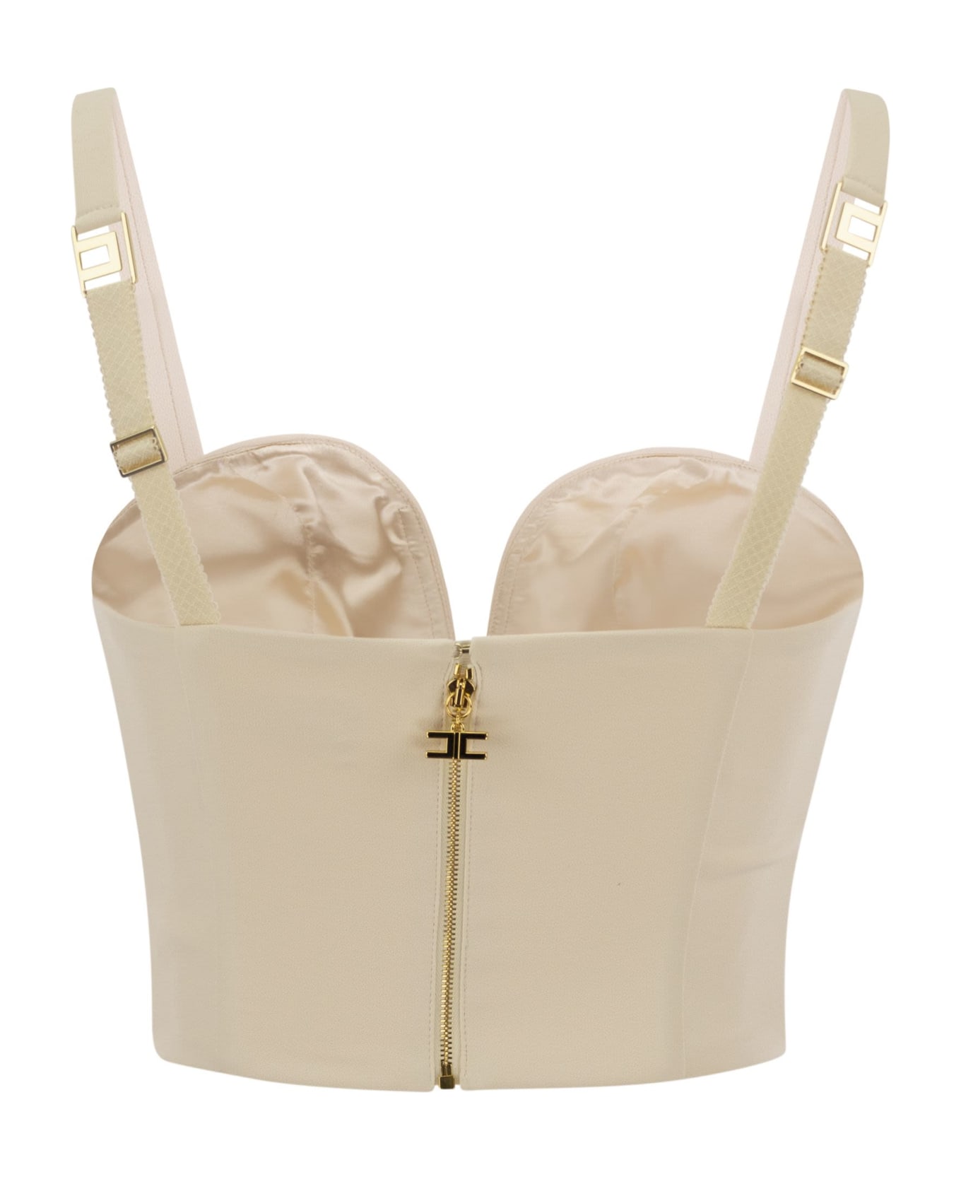 Elisabetta Franchi Stretch Crepe Bustier Top With Enamelled Logo Plaque - Butter