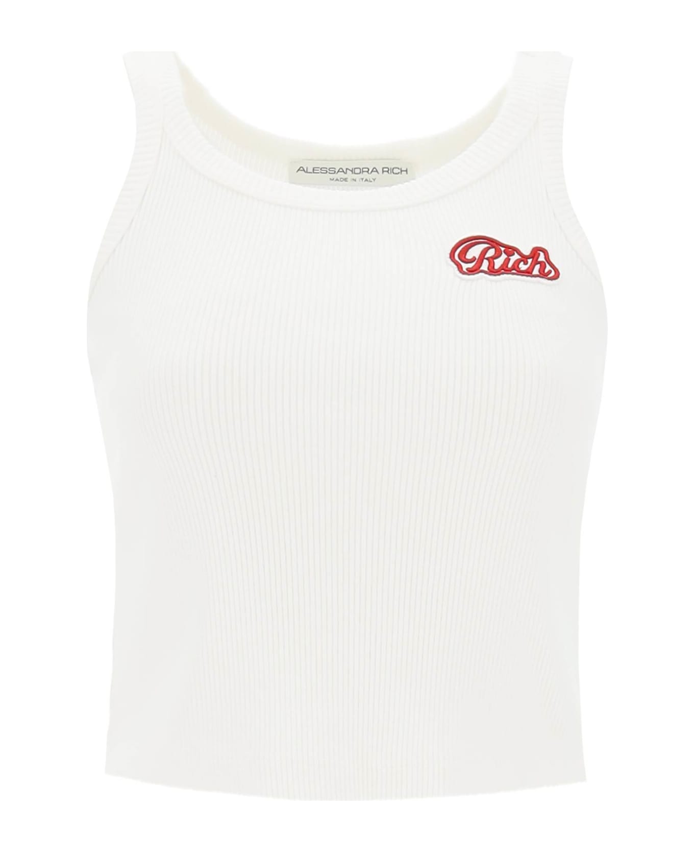 Alessandra Rich Ribbed Tank Top With Logo Patch - ECRU (White)