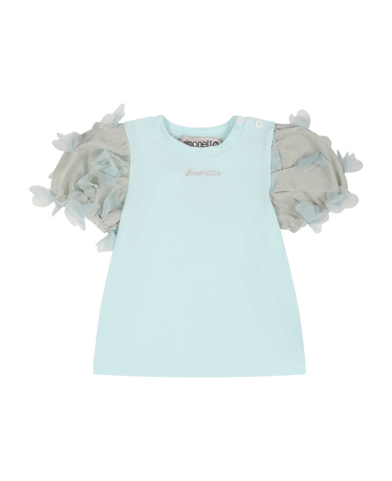 Simonetta Green T-shirt For Baby Girl With Tulle Applications - Green Tシャツ＆ポロシャツ