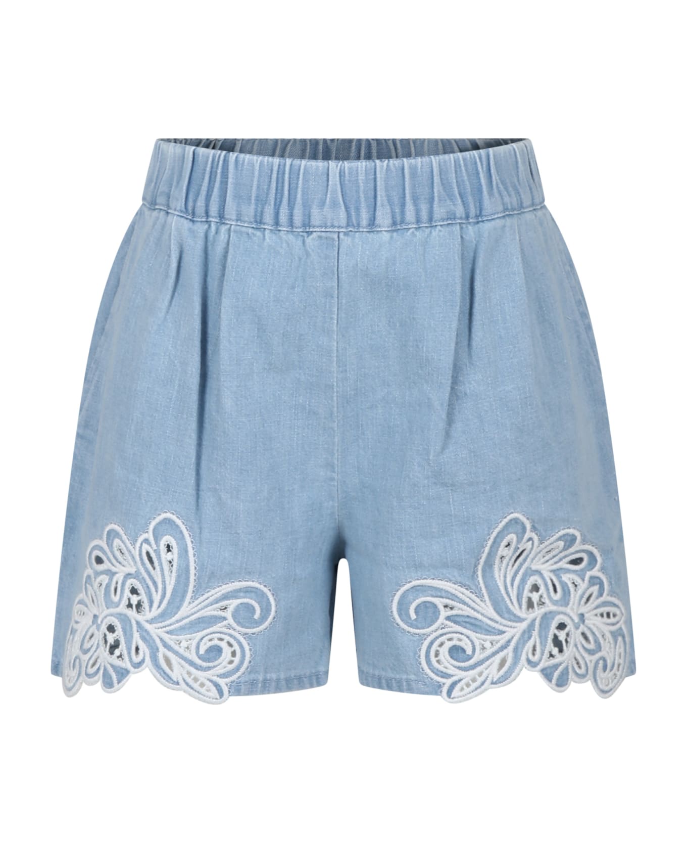 Ermanno Scervino Junior Blue Shorts For Girl With Embroidery - Denim ボトムス