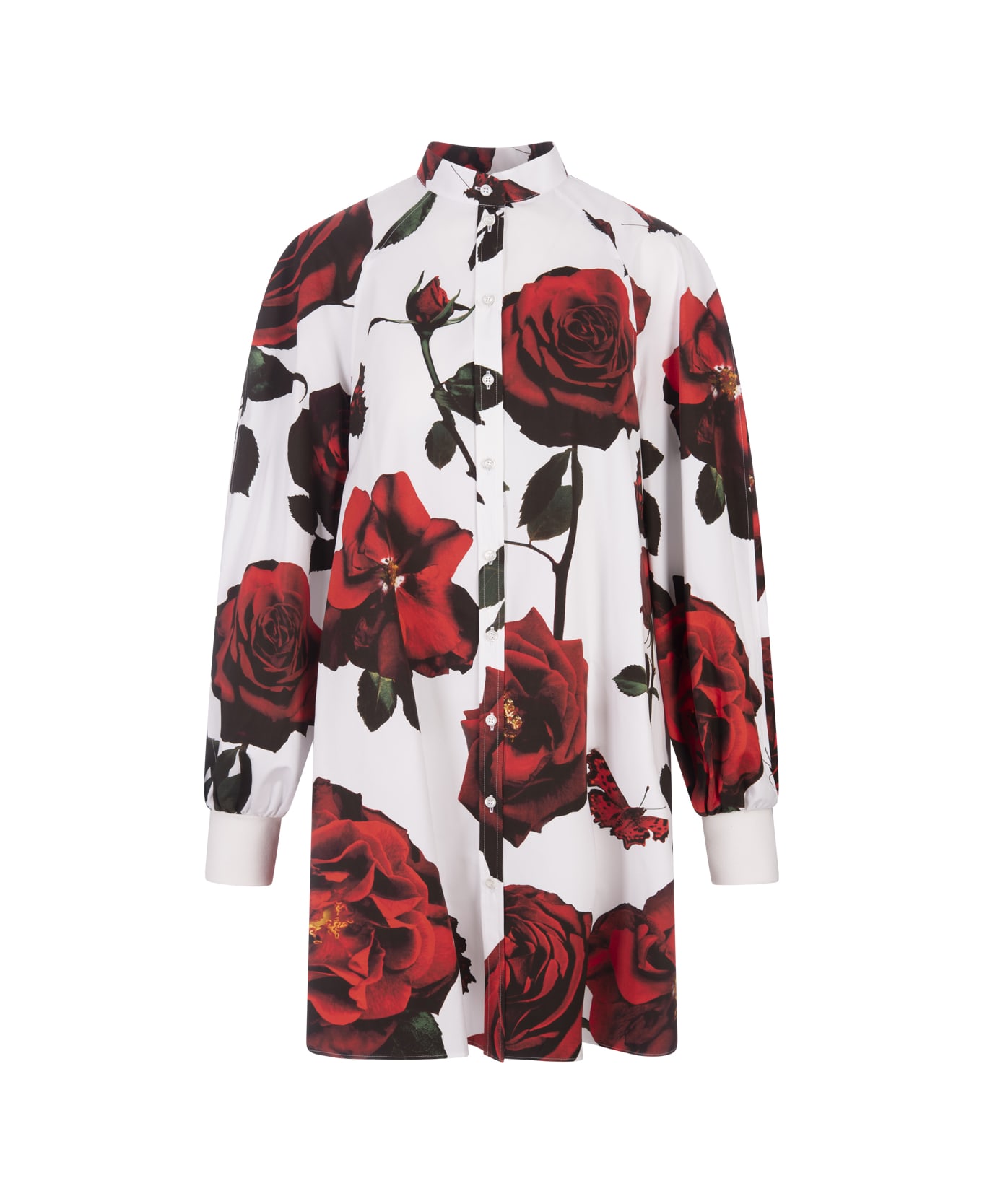 Alexander McQueen Short Shirt Dress With Tudor Rose Print - White