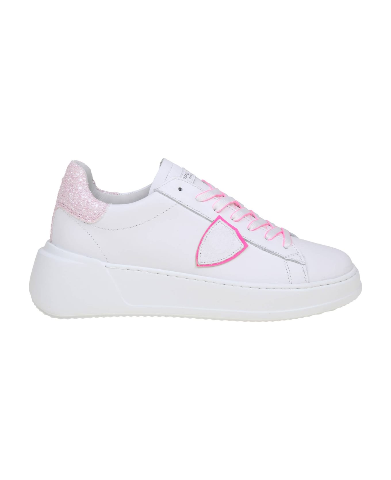 Philippe Model Tres Temple Low In White And Fuchsia Leather - Blanc/fucsia