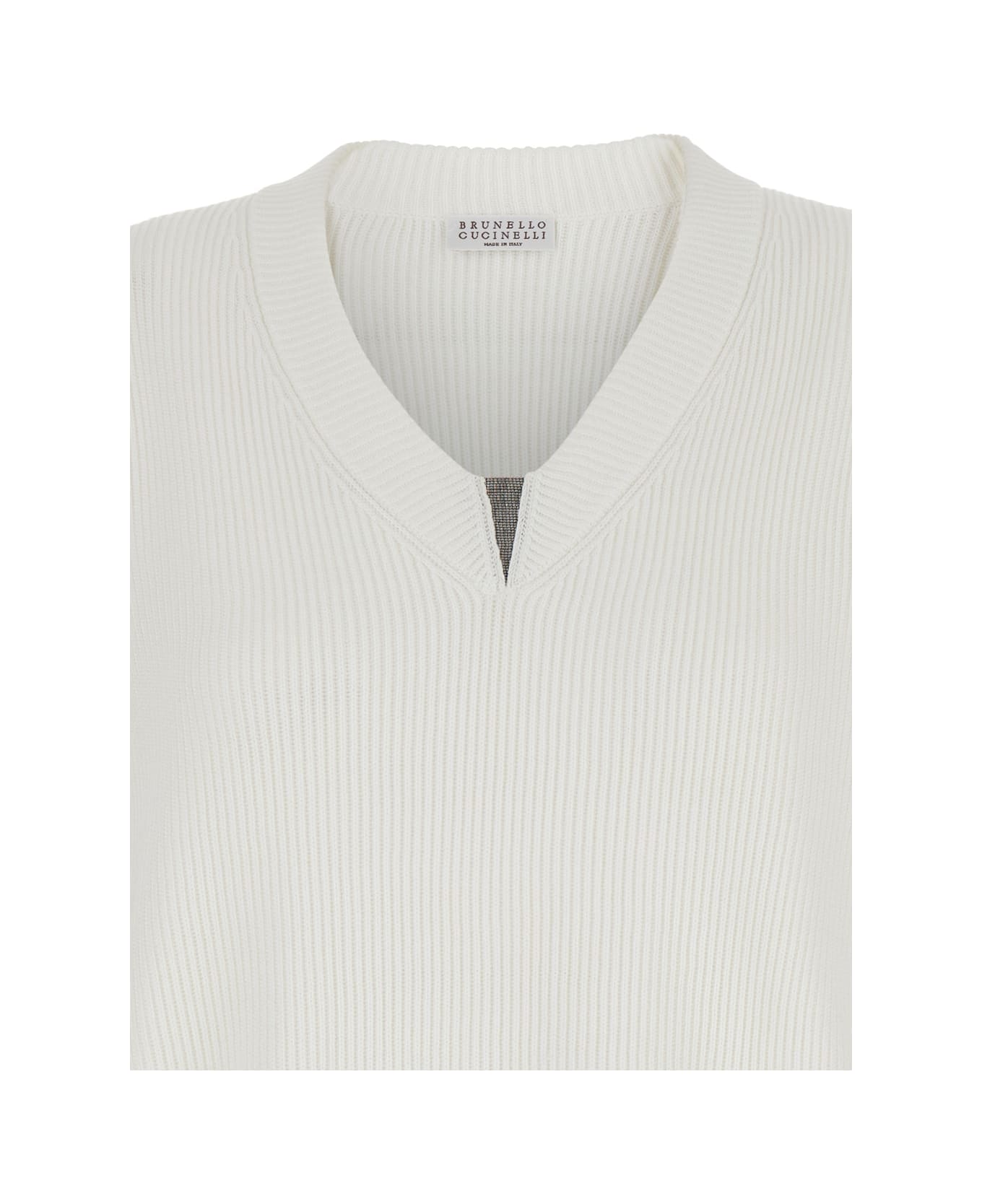 Brunello Cucinelli White Sweater With V Neck And Monile Detail On The Front In Cotton Woman - White