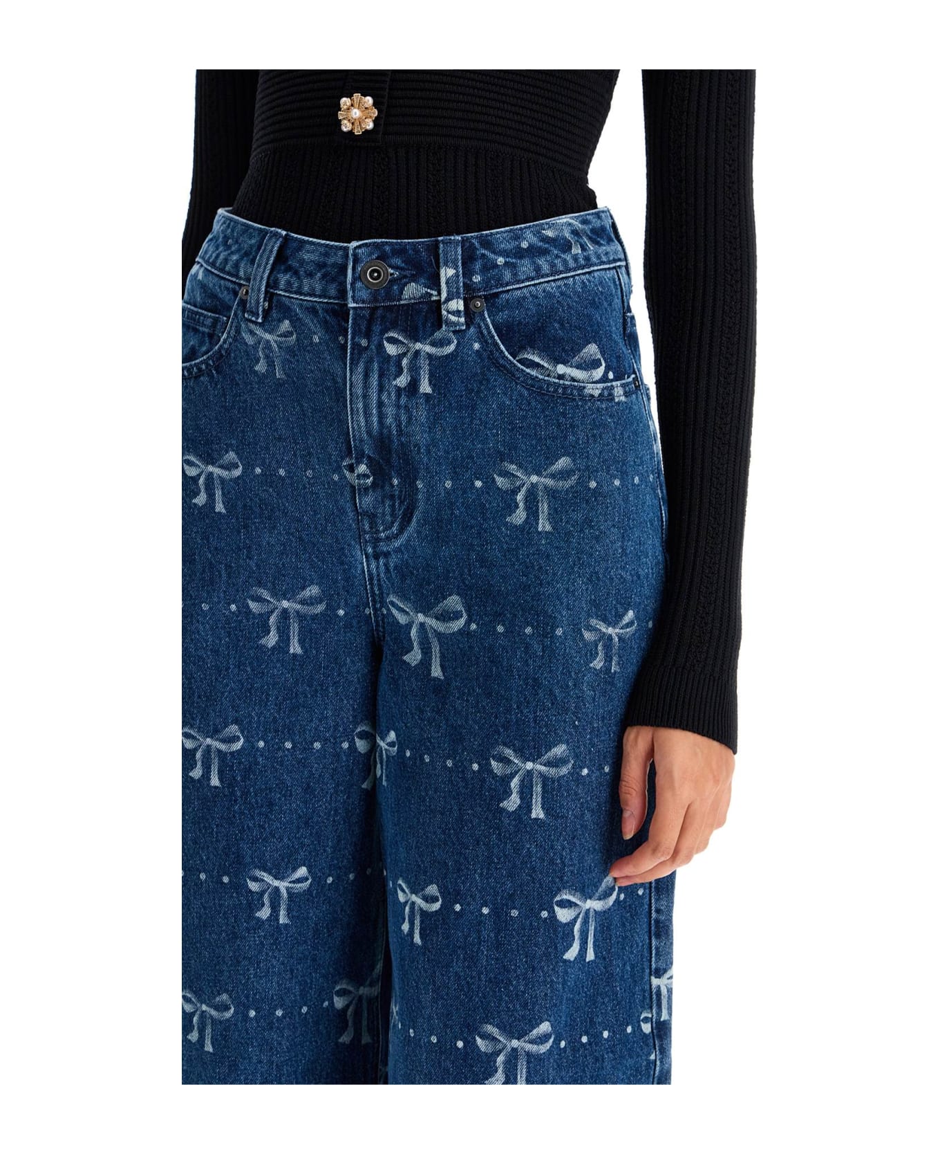 self-portrait Wide Leg Jeans With Bow Print Design - BLUE (Blue)