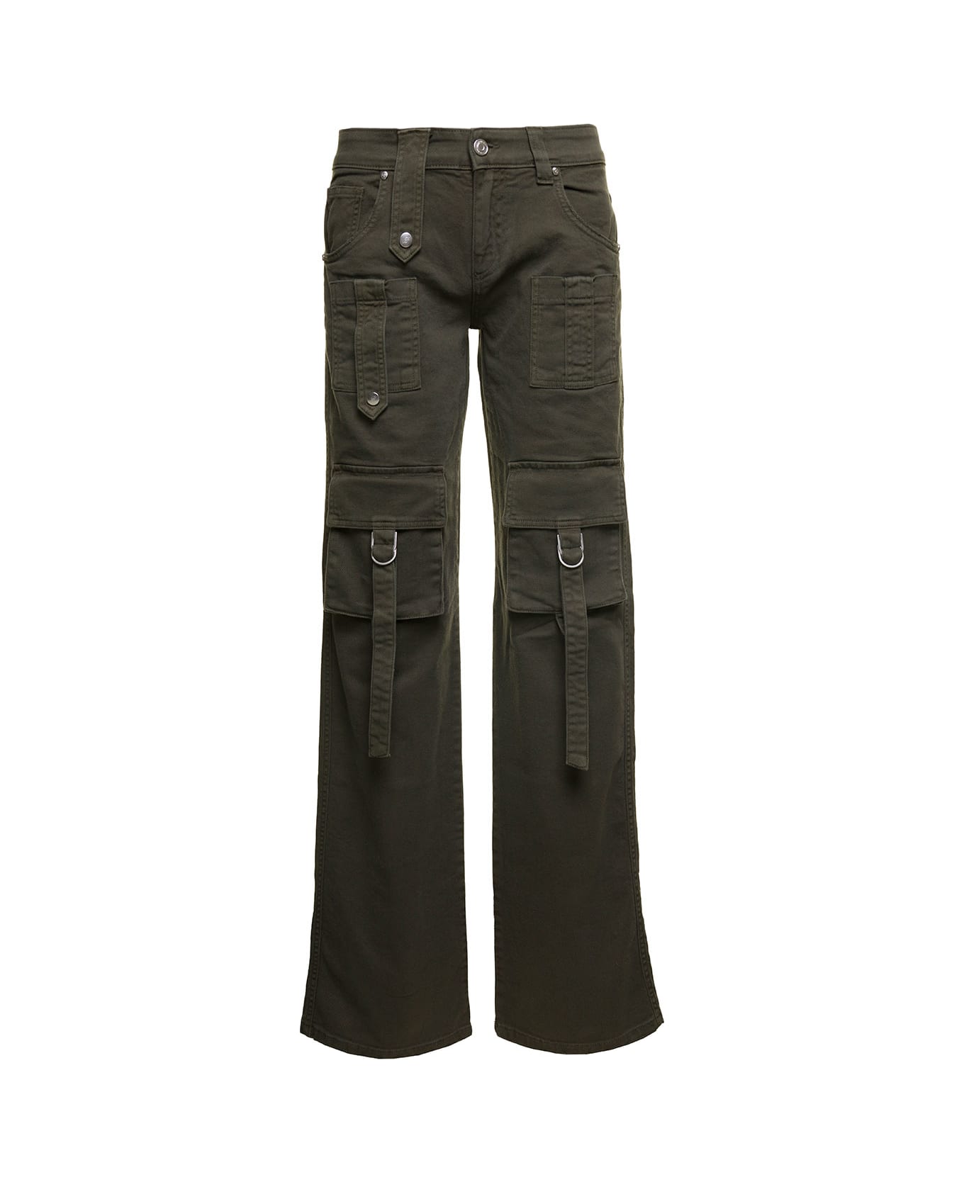 Blumarine Military Green Cargo Jeans With Buckles And Branded Button In Stretch Cotton Denim Woman - Green