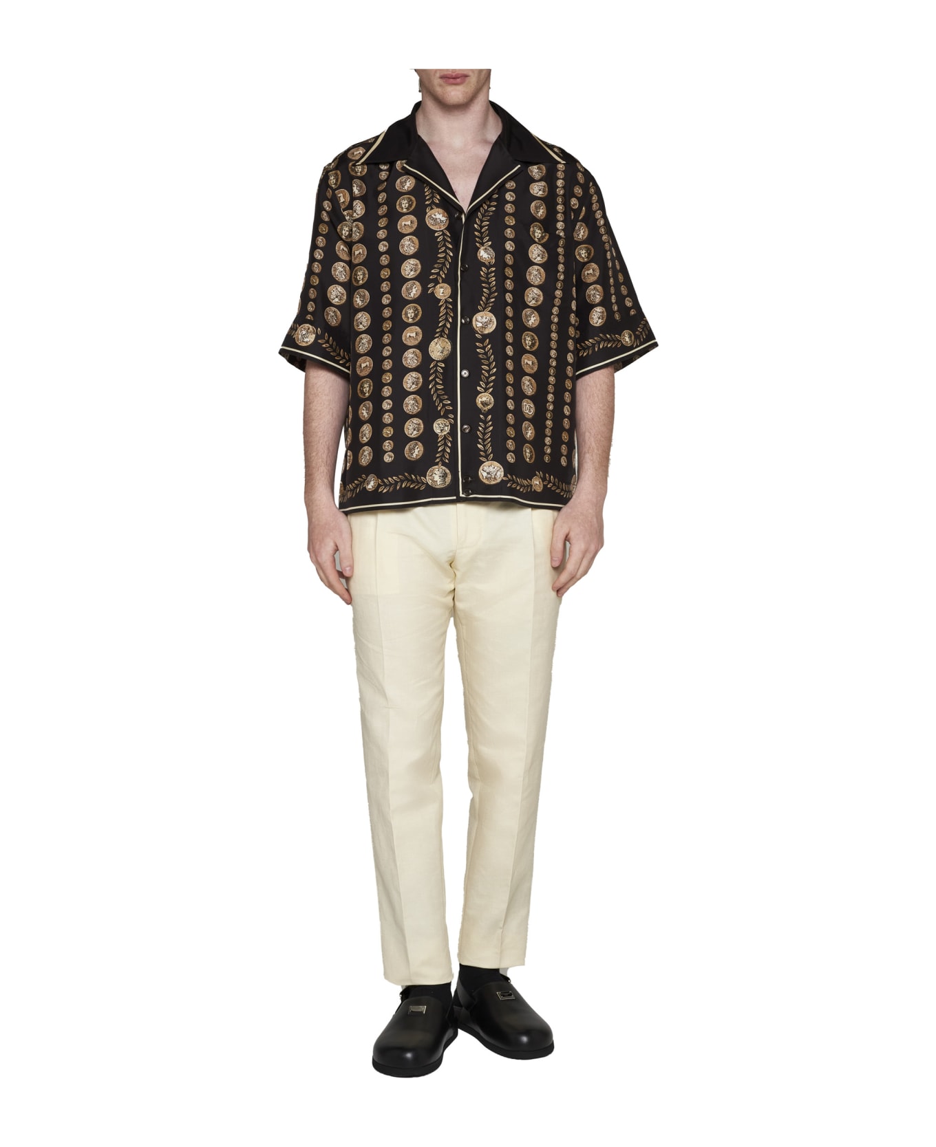 Dolce & Gabbana Bowling Shirt With All-over Coin Print In Silk - Monete fdo marrone