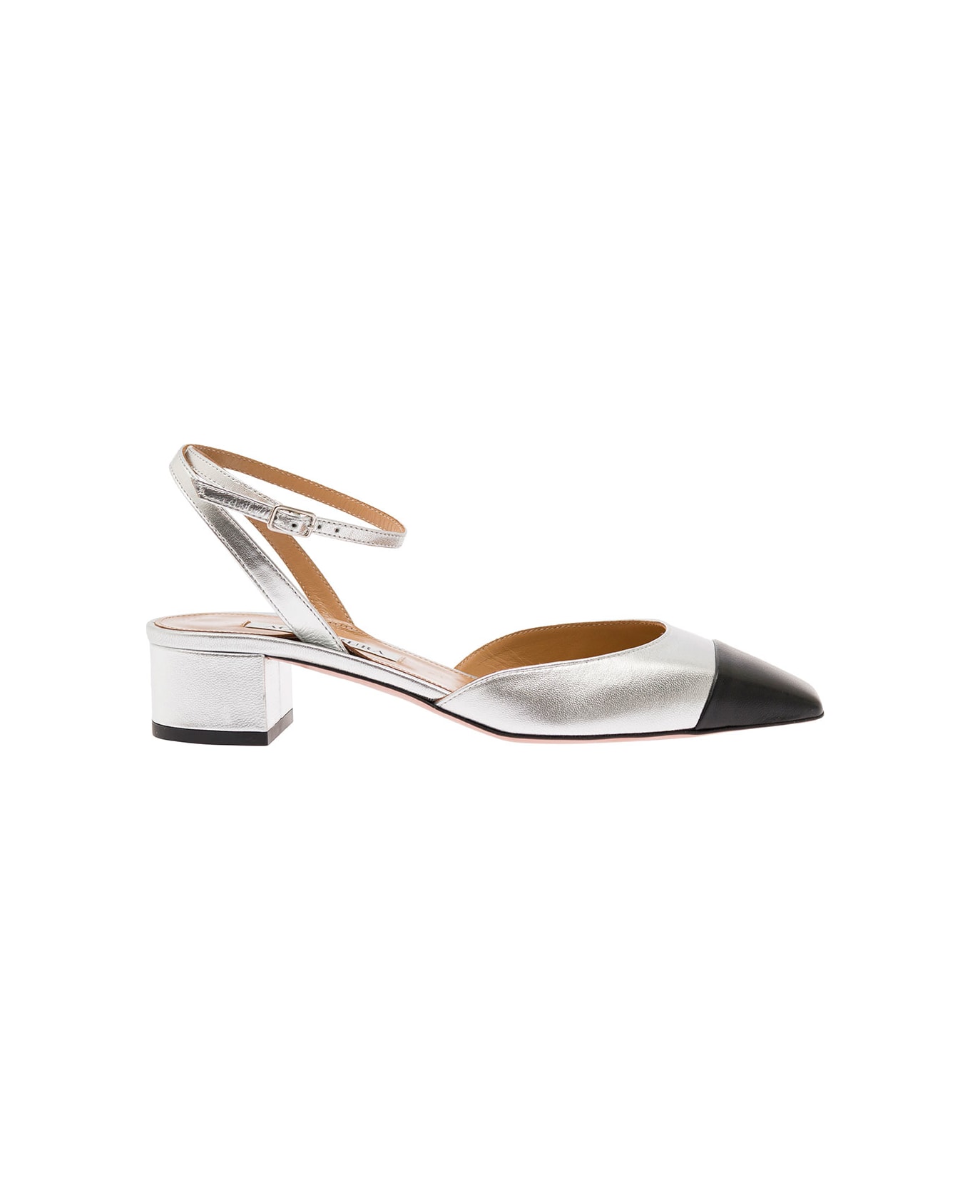 Aquazzura 'french Flirt' Silver-colored Pumps With Contrasting Toe In Laminated Leather Woman - Metallic ハイヒール