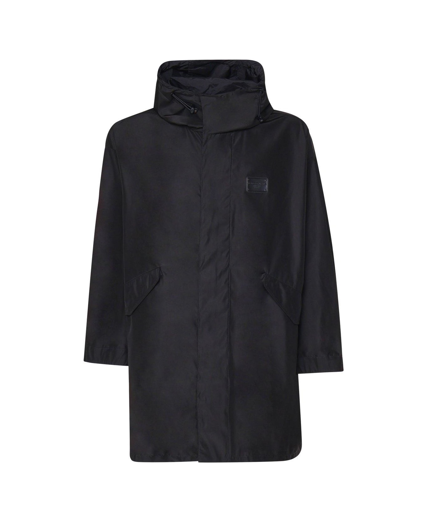 Dolce & Gabbana Logo Patch Hooded Coat - Black