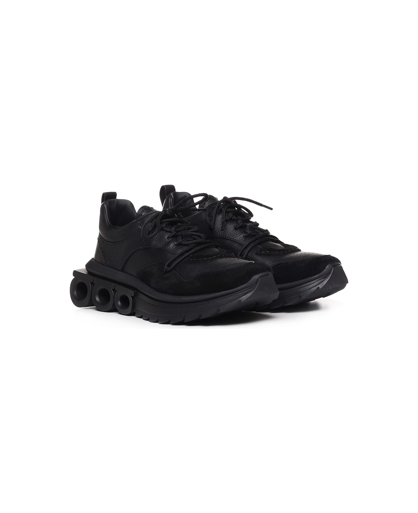 Ferragamo Sneakers With Gancini Plaque - Black