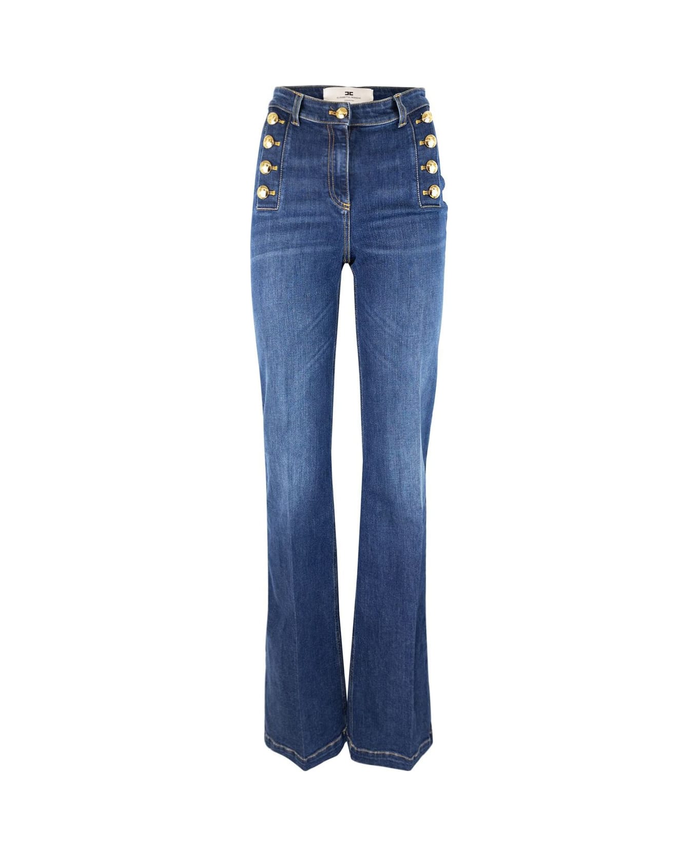 Elisabetta Franchi Side Button Placket Bell-bottom Stretch Jeans - Blue Denim