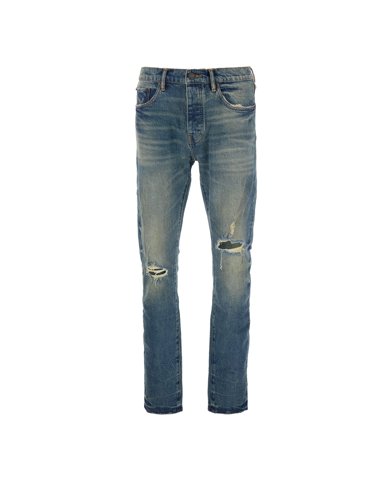 Purple Brand Blue Jeans With Logo Patch On The Rear And Ripped Details On The Front In Denim Man - Blu