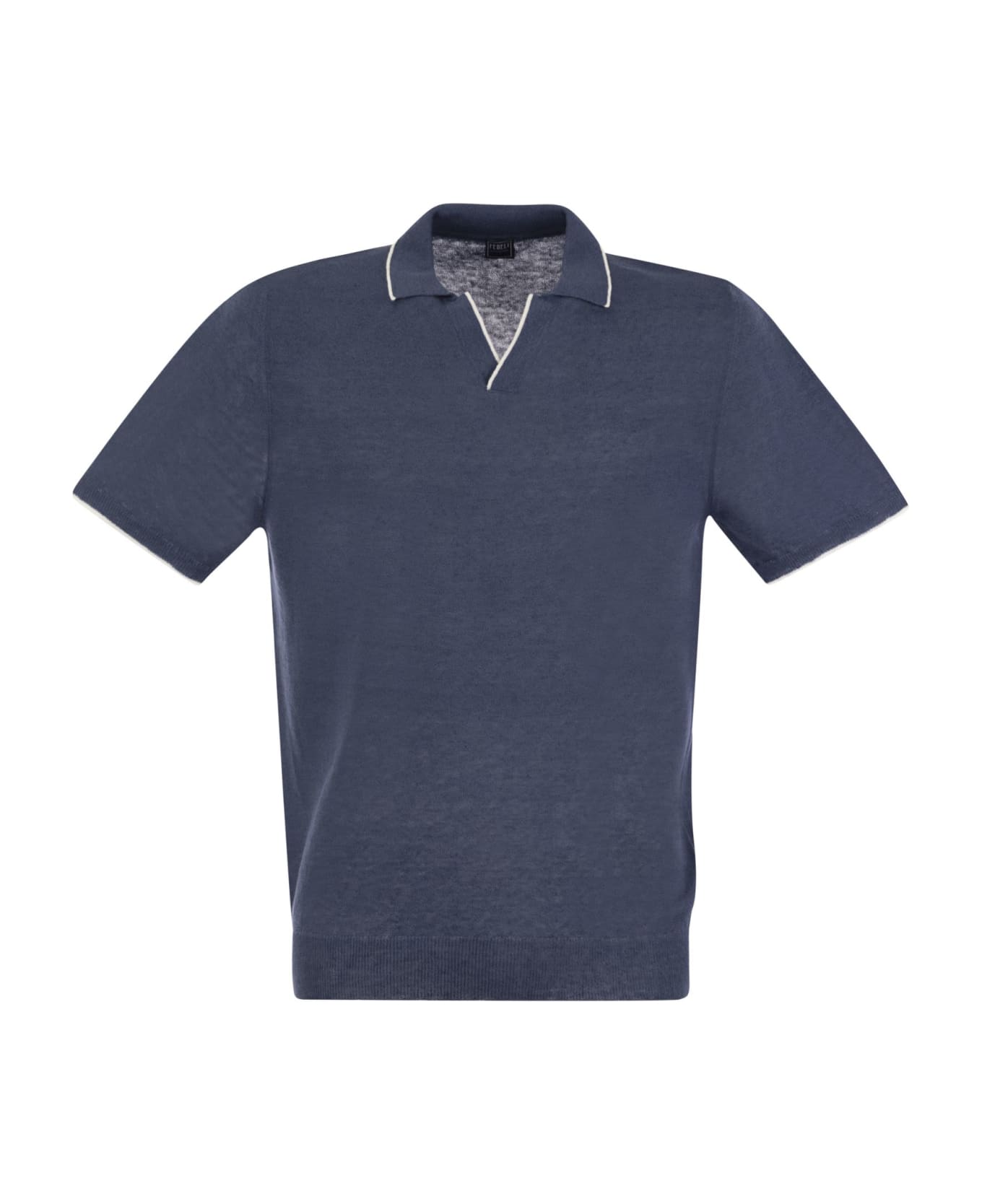 Fedeli Polo Shirt With Open Collar In Linen And Cotton - Avio