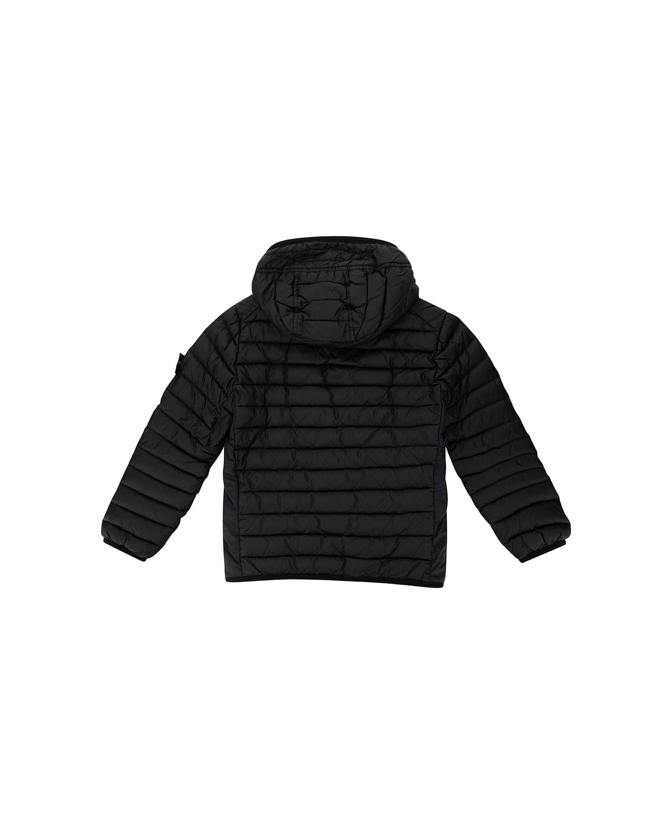 Stone Island Black Down Jacket With Hood And Logo Patch In Polyamide Boy