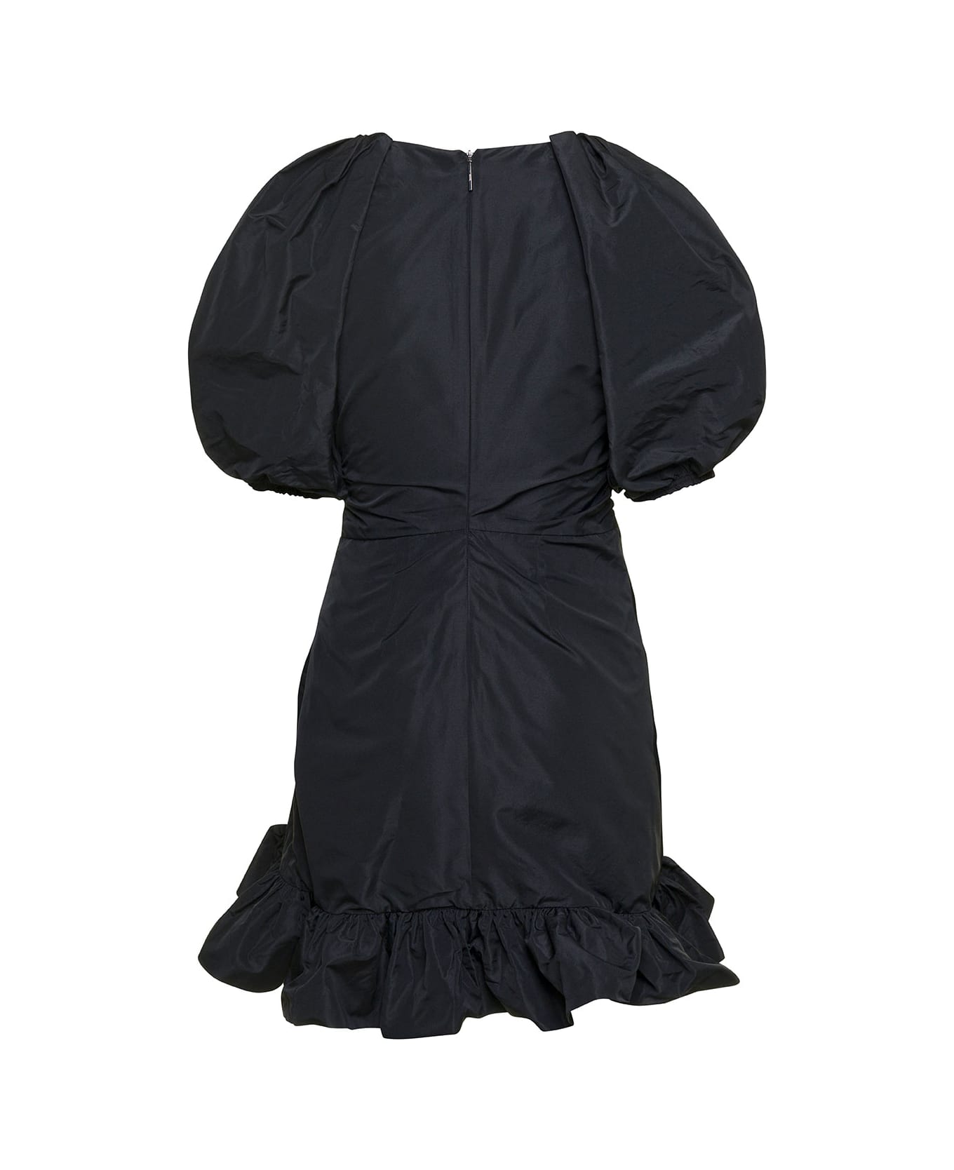 MSGM Mini Black Dress With Puff Sleeves And All-over Gatherings In Taffeta Woman - Black