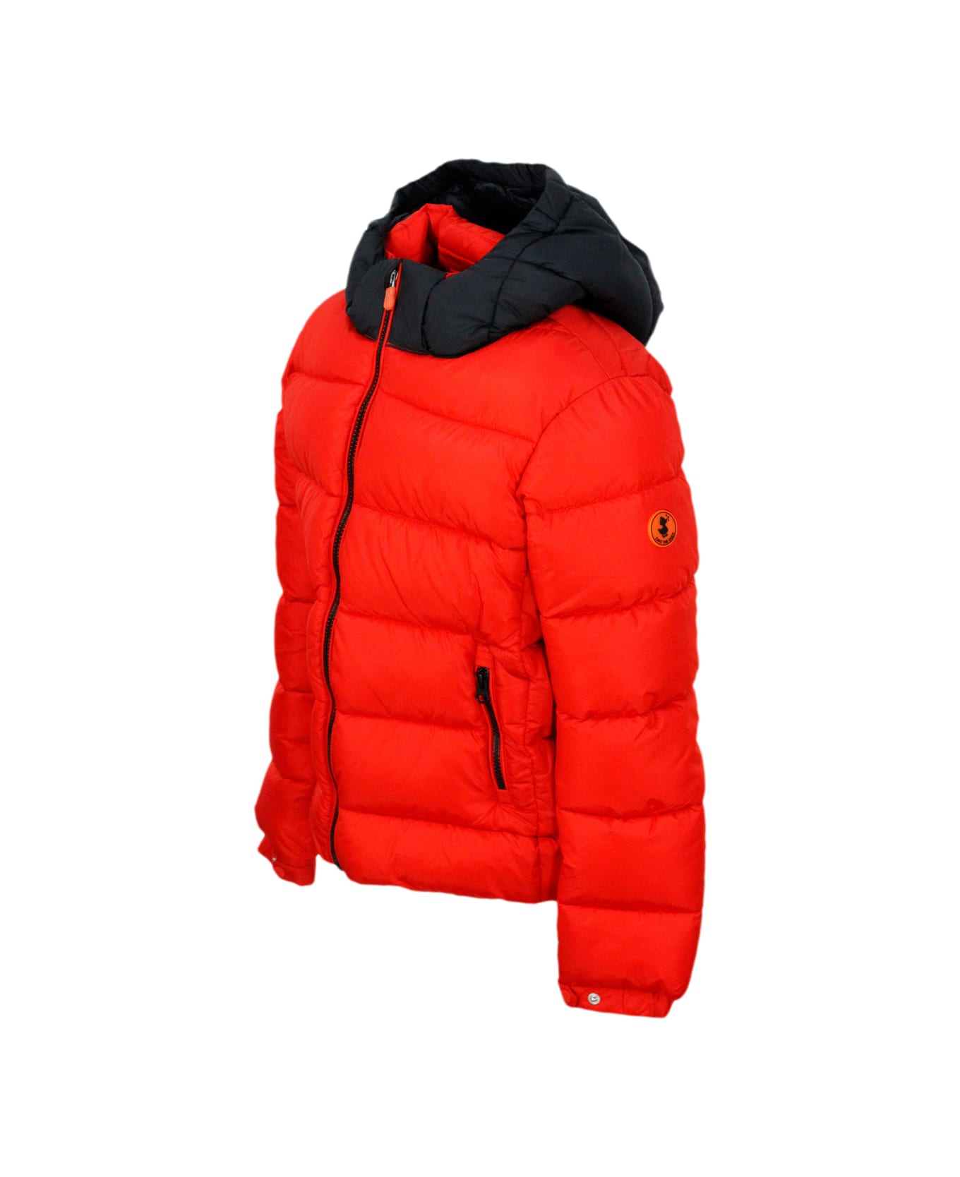 Save the Duck Rumex Down Jacket With Detachable Hood With Animal Free Padding And No Animal Derivatives With Zip Closure And Logo On The Sleeve. Elasticated Edges. - Red