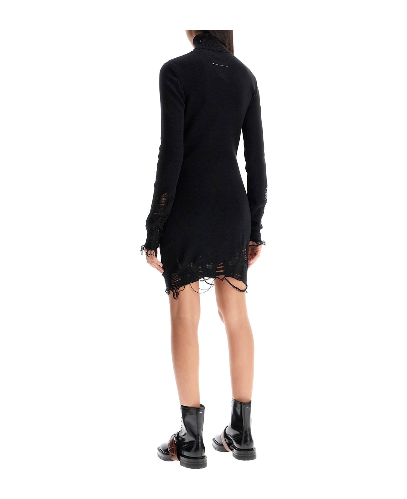 MM6 Maison Margiela Destroyed Knit Mini Dress - BLACK (Black)
