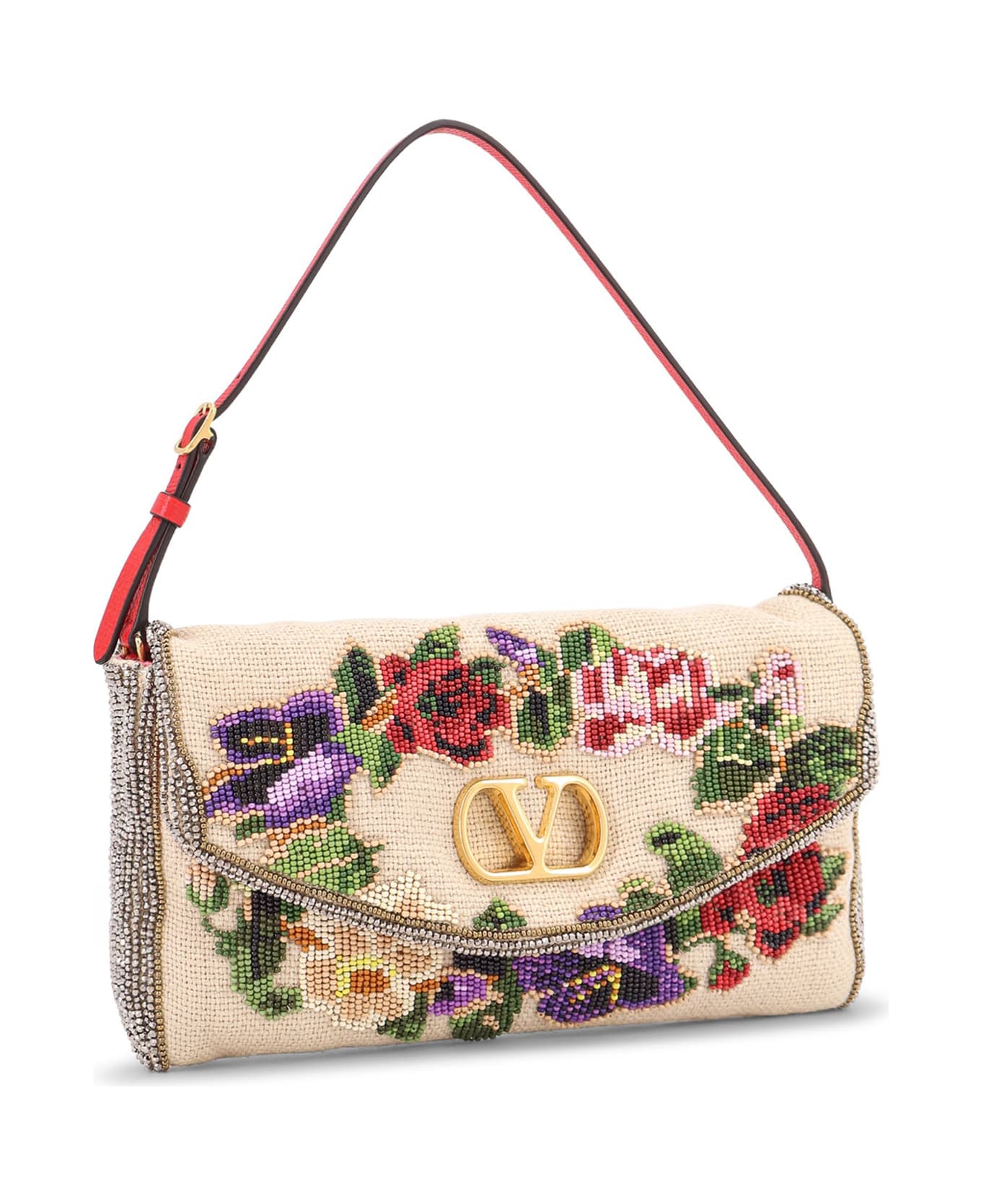 Valentino Garavani Vain Soft Beads Embroidered Linen Shoulder Bag - MULTICOLOR-NATURALE/ROUGE PUR