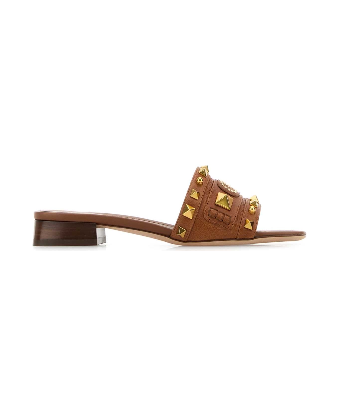 Valentino Garavani Caramel Leather Plaster Caster Slippers - TOBACCO