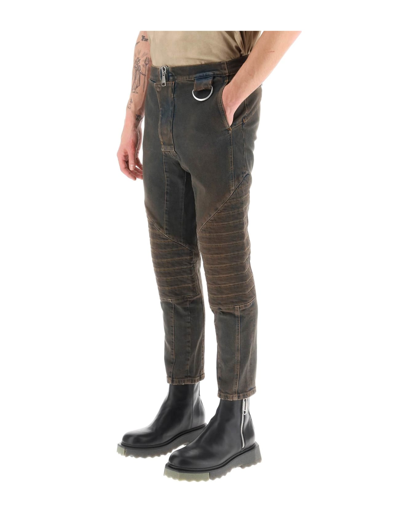 Balmain Stretch Jeans With Quilted And Padded Inserts - BLEU JEAN DIRTY (Brown) デニム