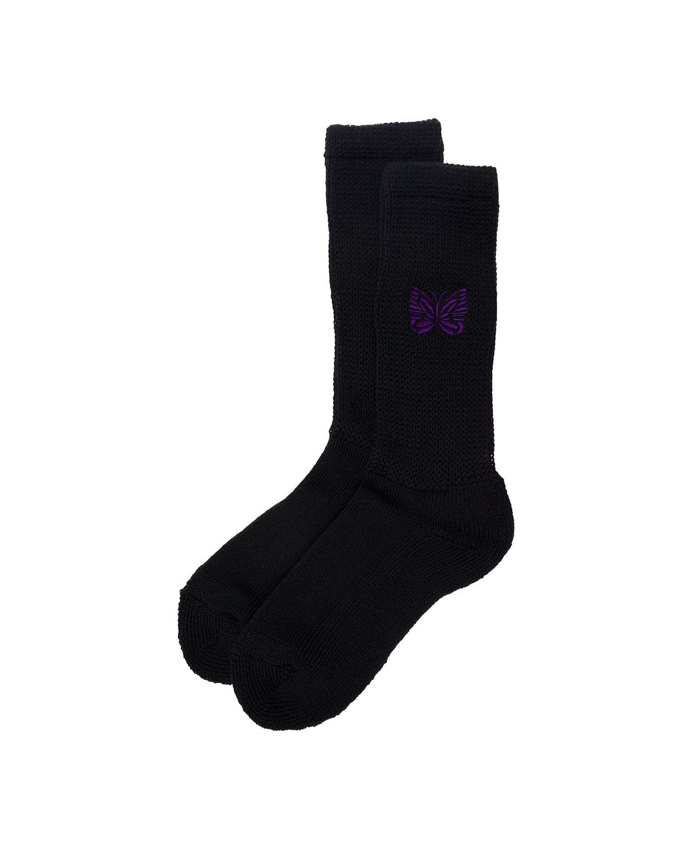Needles Black High-socks With Jacquard Logo In Wool Blend Man - Black