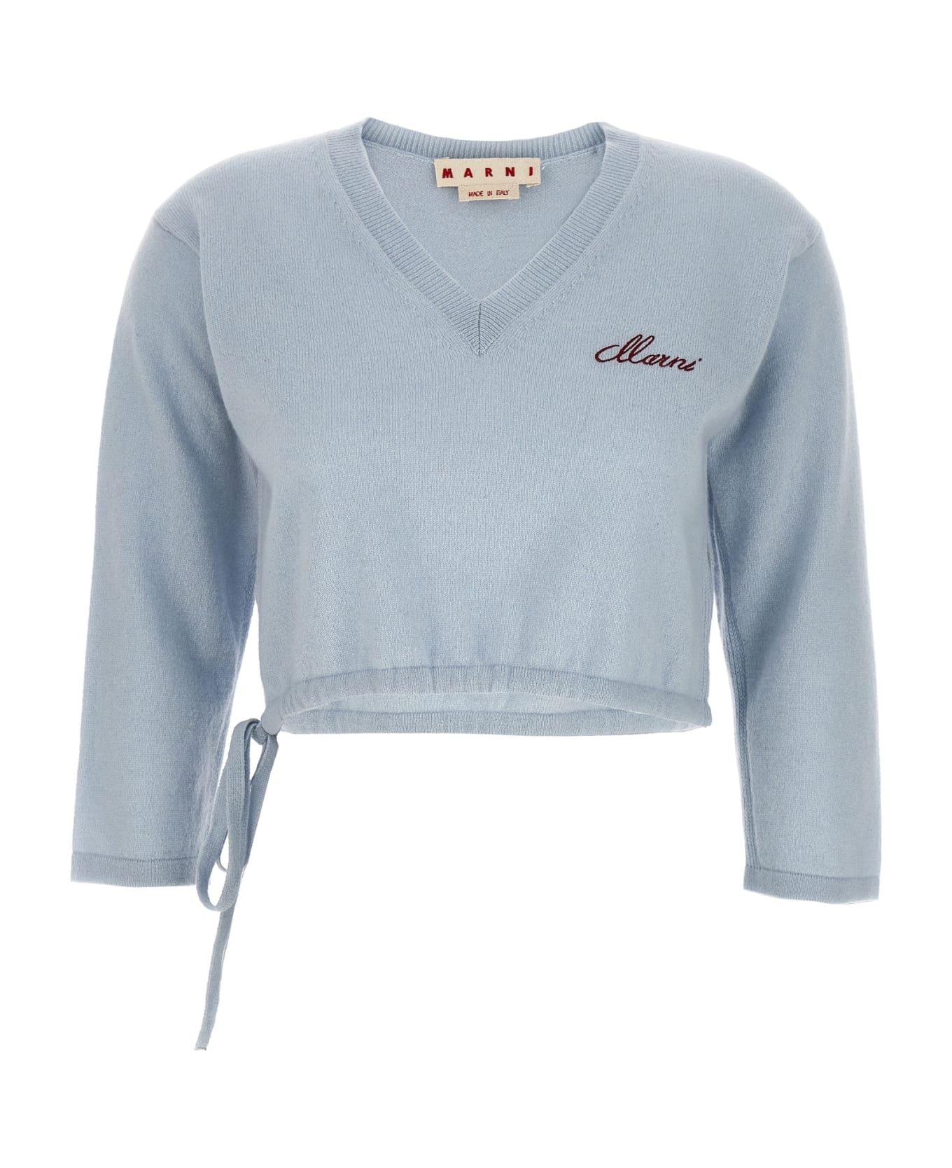 Marni Light Blue Short Sweater With Logo And Drawstring - Blue