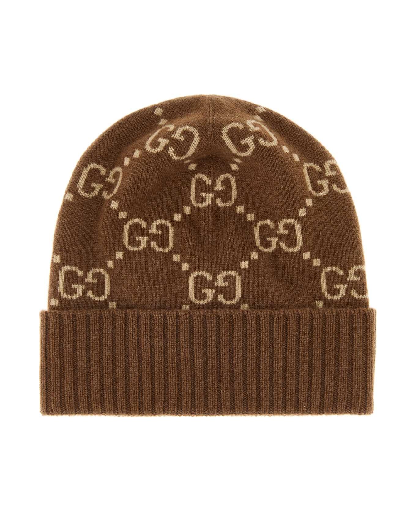 Gucci Embroidered Cashmere Beanie Hat - BROWN