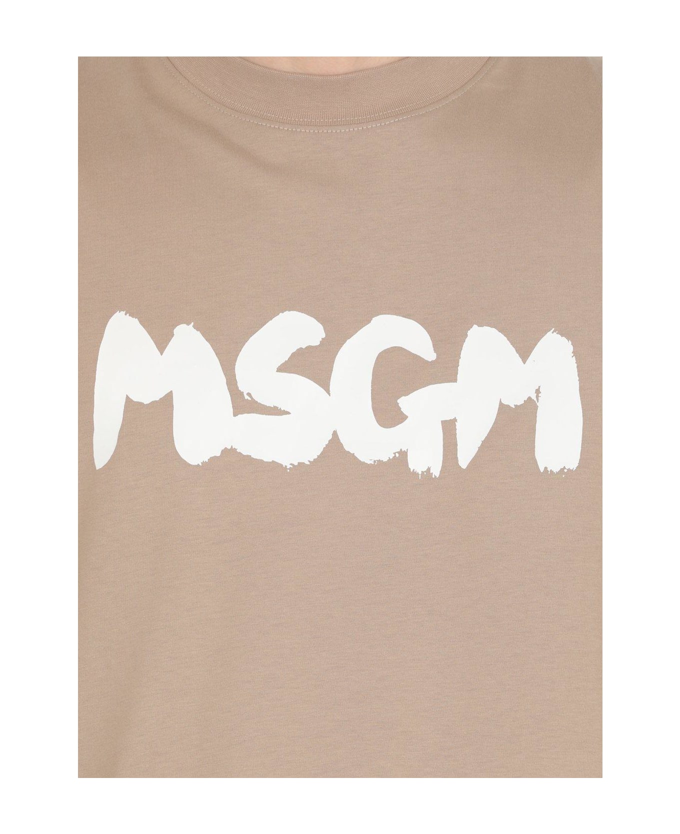 MSGM Logo Printed Crewneck T-shirt - Beige